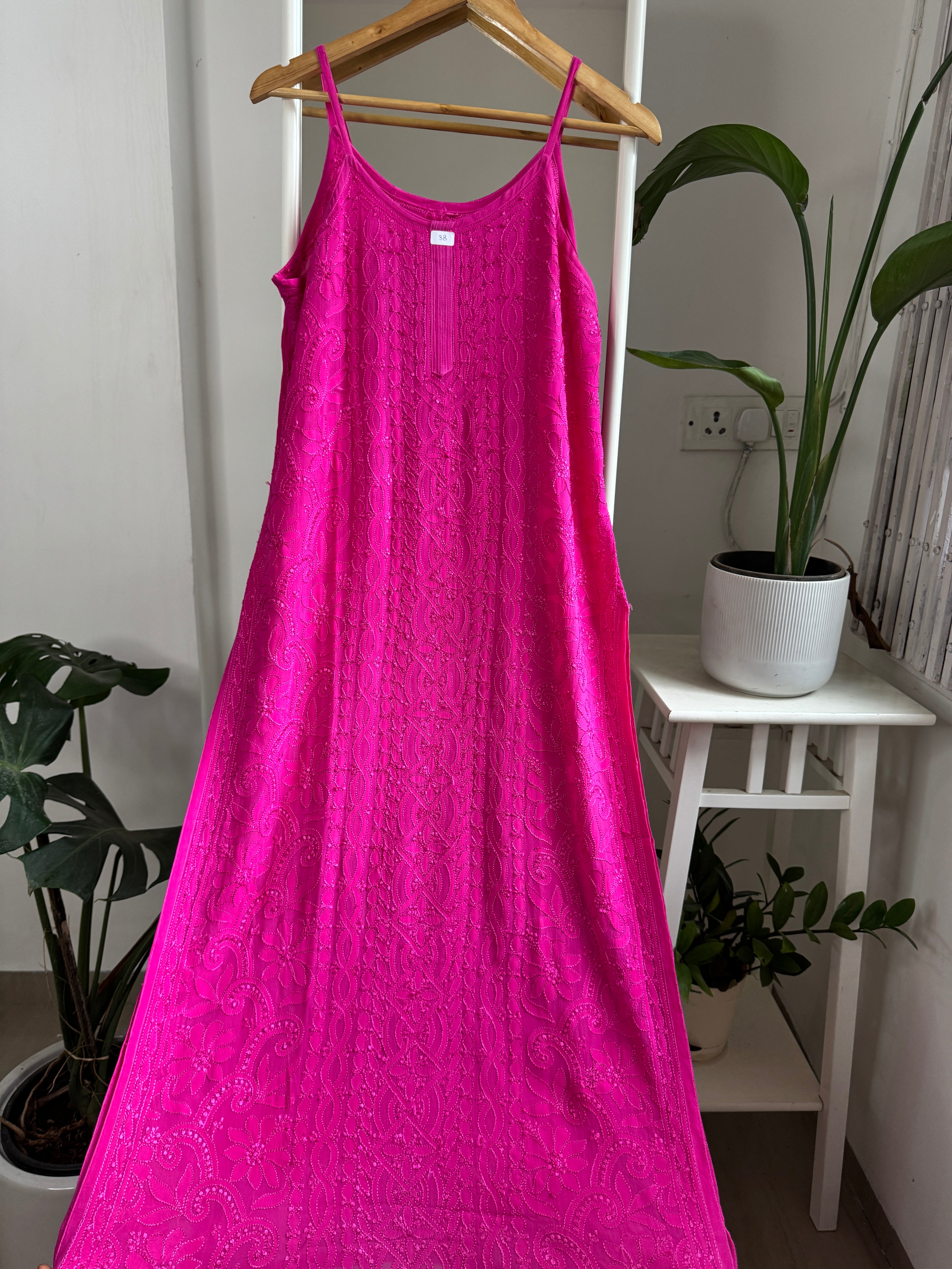 Noodle Strap Chikankari Kurti Long - Hot Pink -Rose Collection