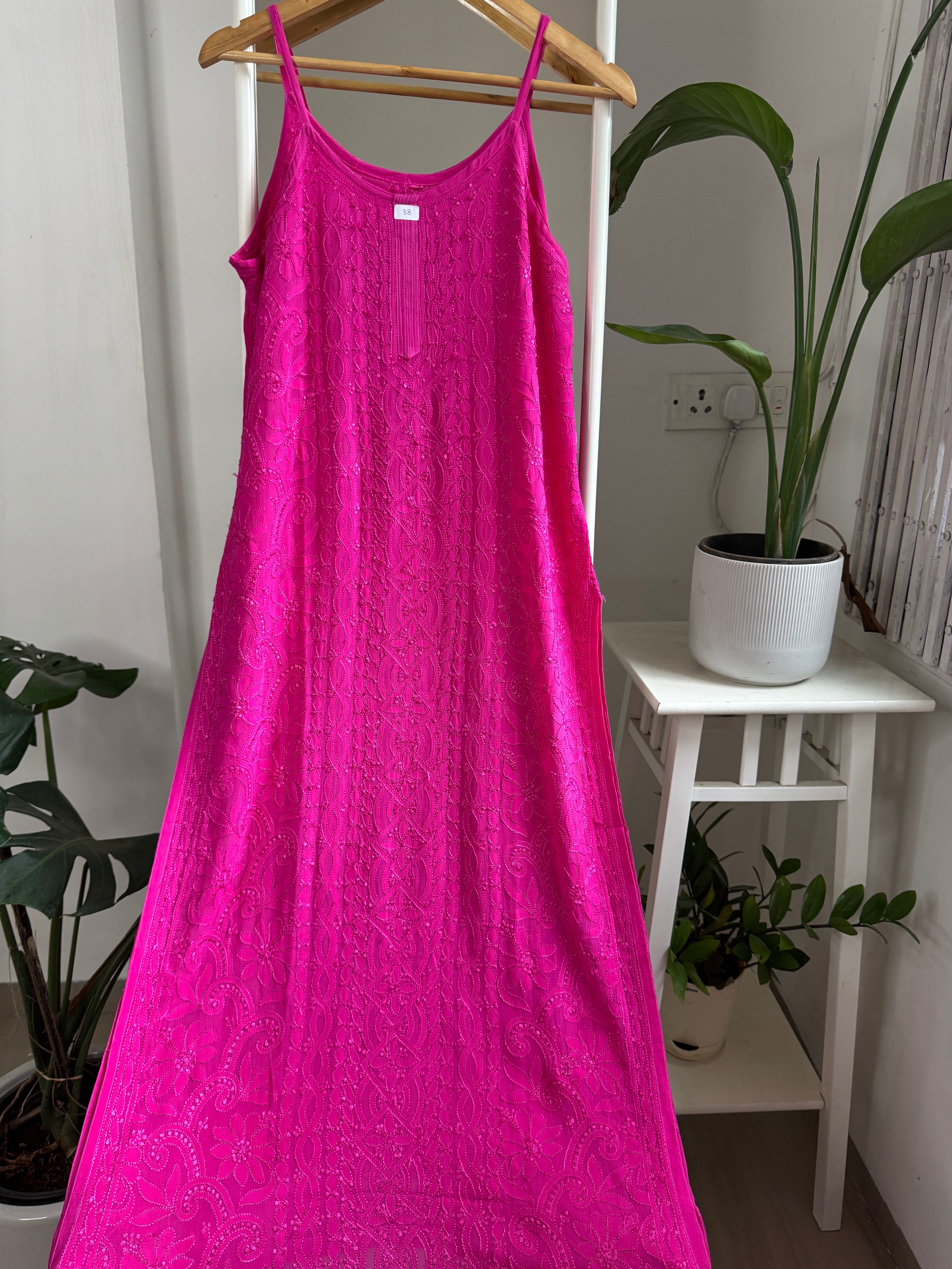 Noodle Strap Chikankari Kurti Long - Hot Pink -Rose Collection