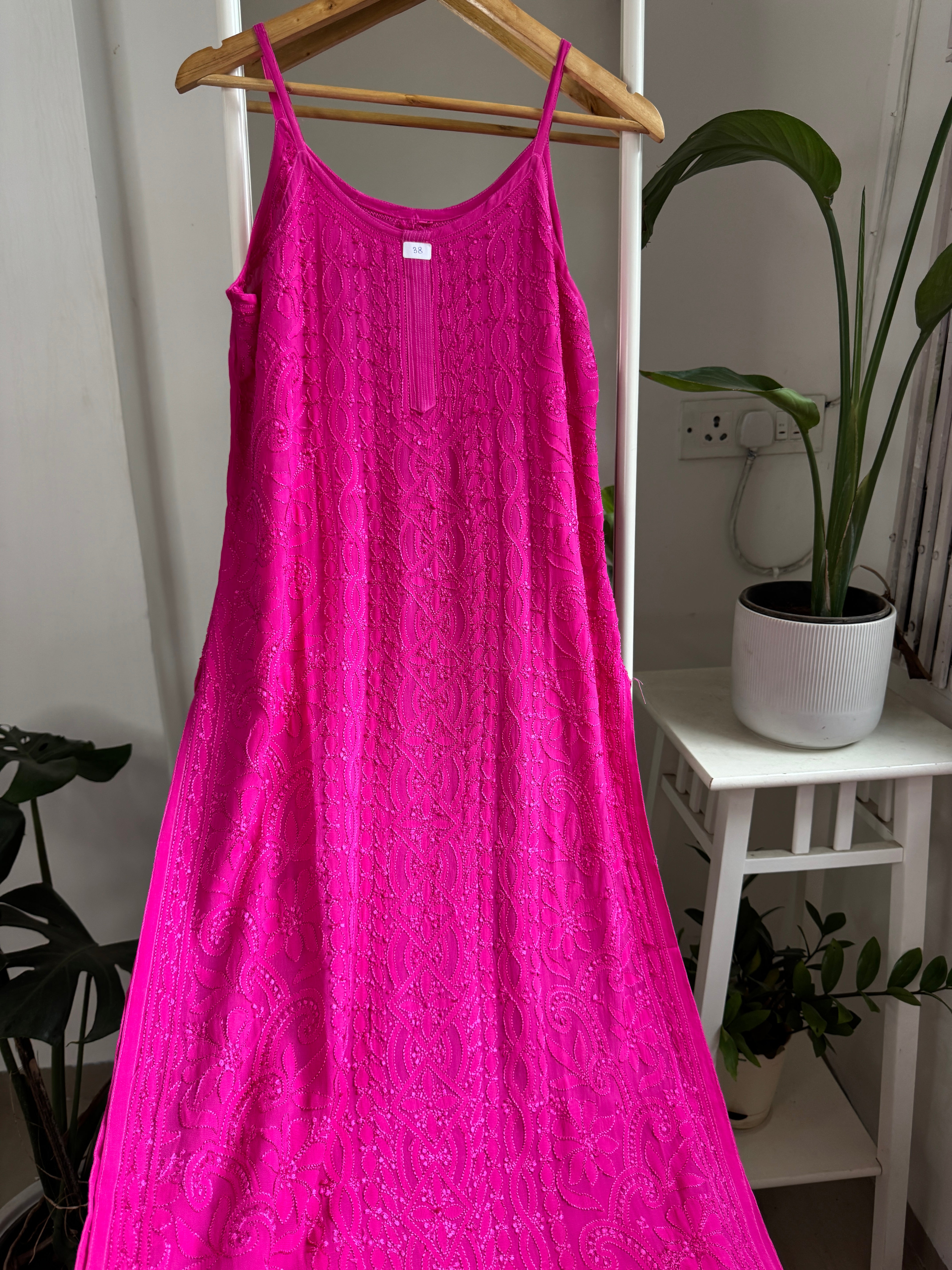 Noodle Strap Chikankari Kurti Long - Hot Pink -Rose Collection