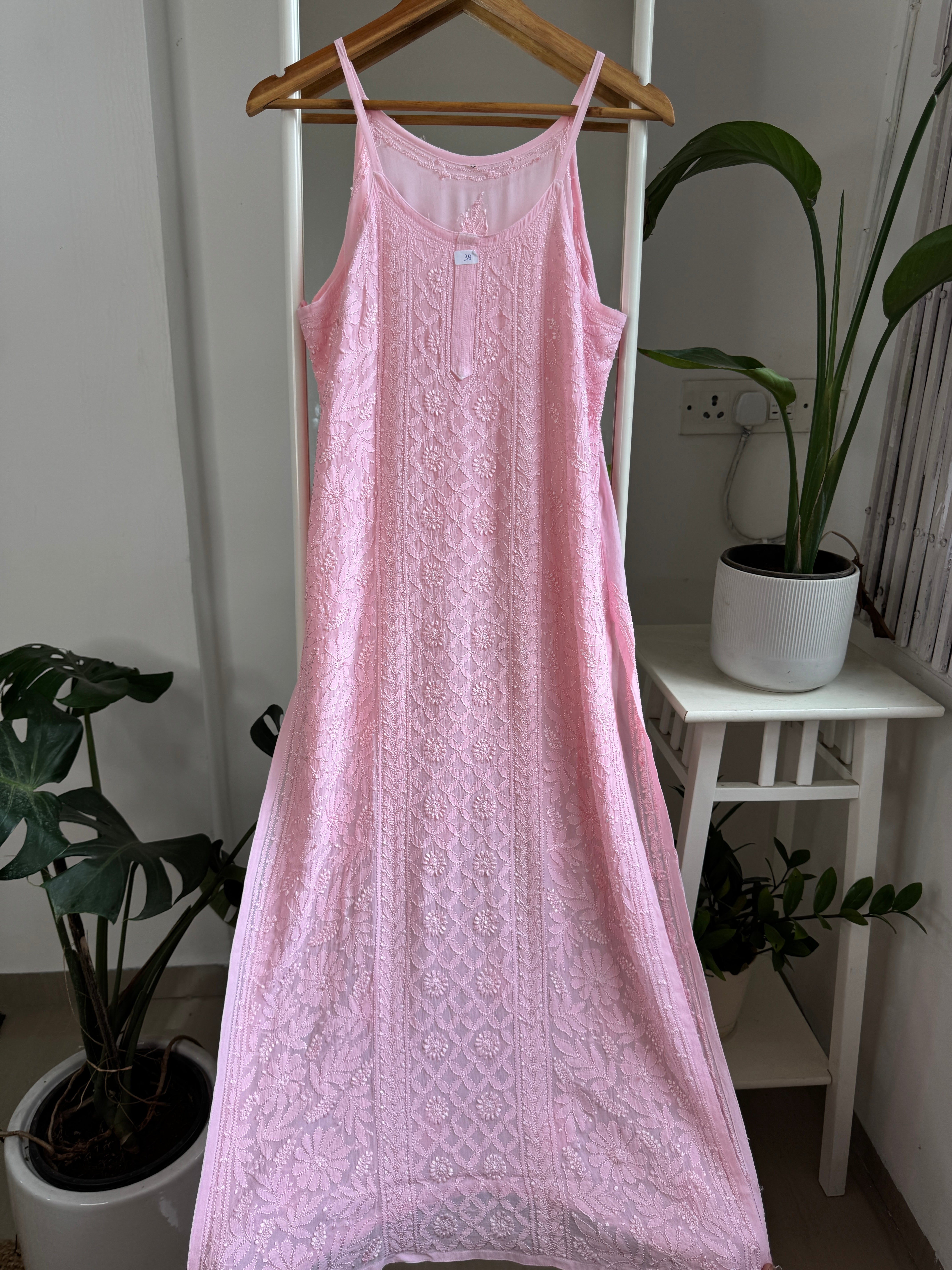 Noodle Strap Chikankari Kurti Long - Pink -Rose Collection