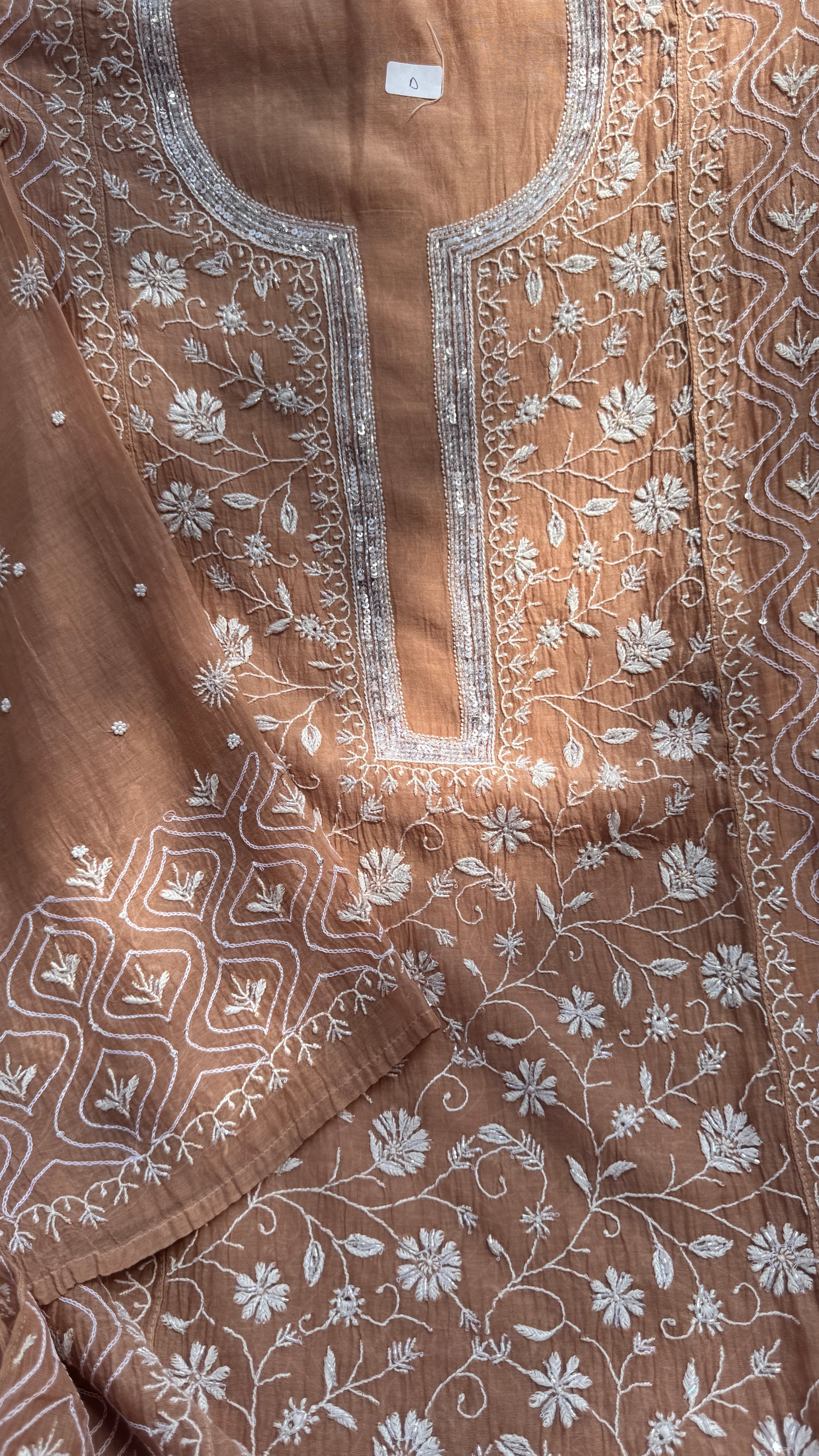 Mul Chanderi Chikankari - Unstitched Set - Brown