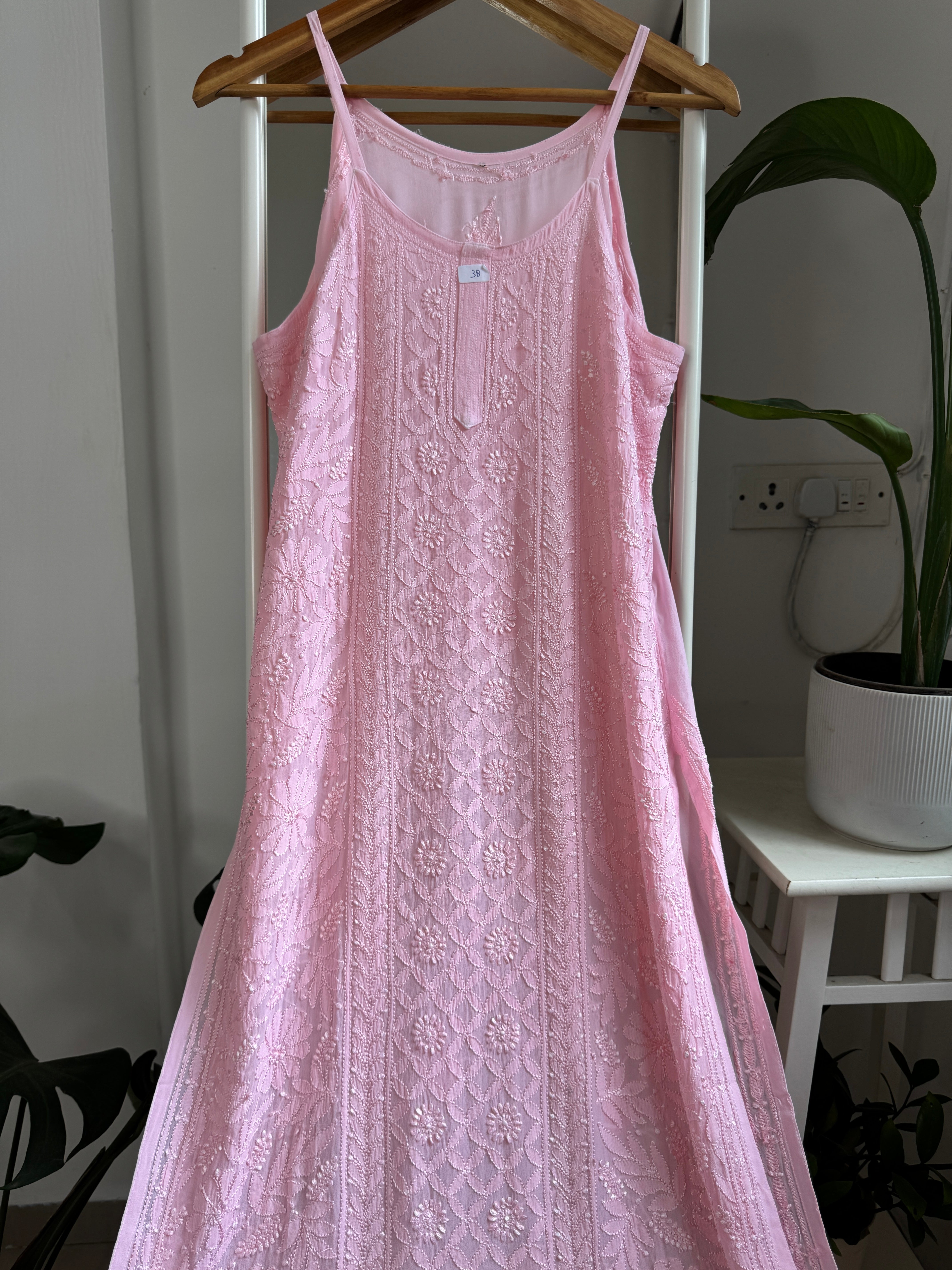 Noodle Strap Chikankari Kurti Long - Pink -Rose Collection