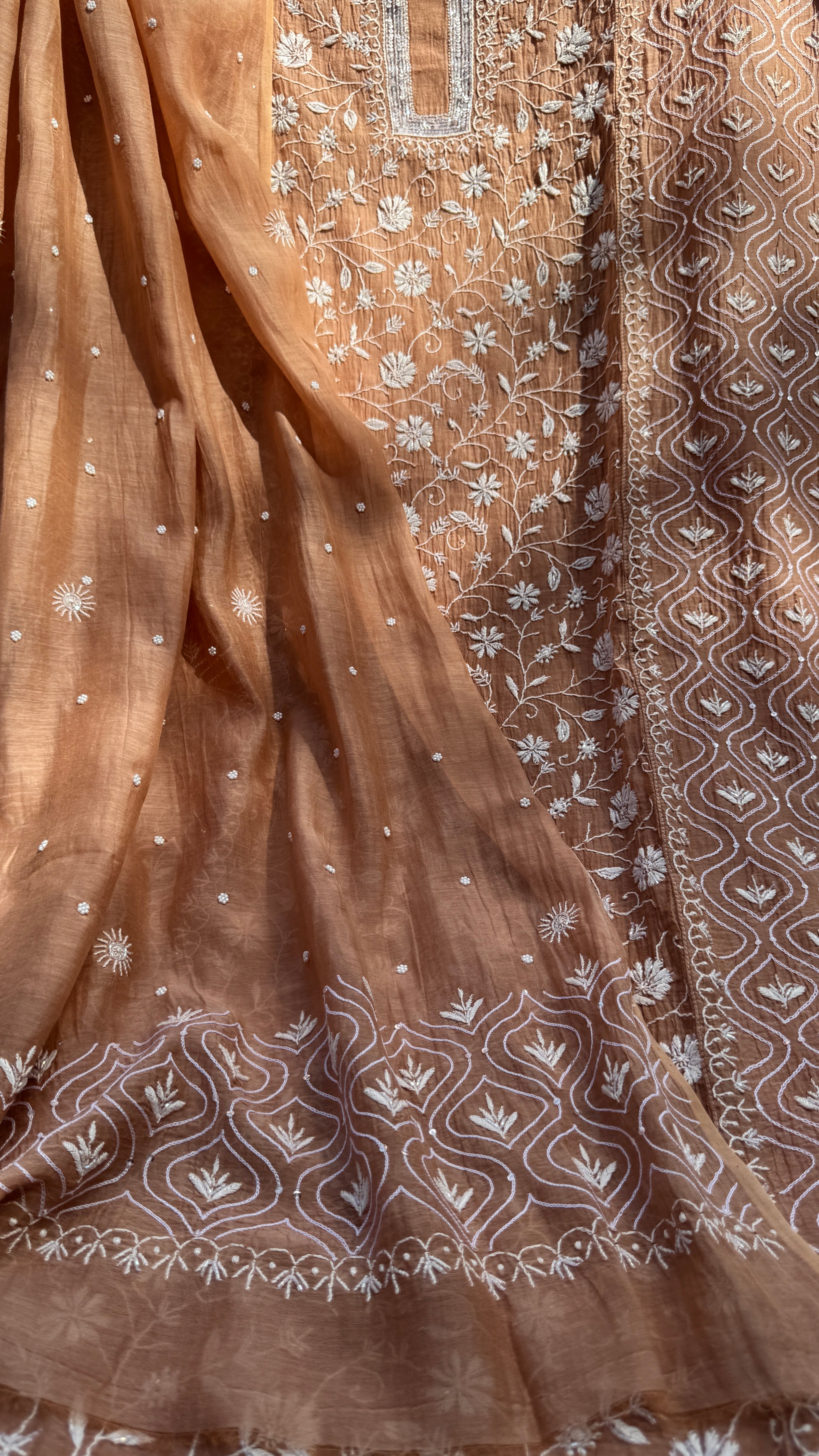 Mul Chanderi Chikankari - Unstitched Set - Brown