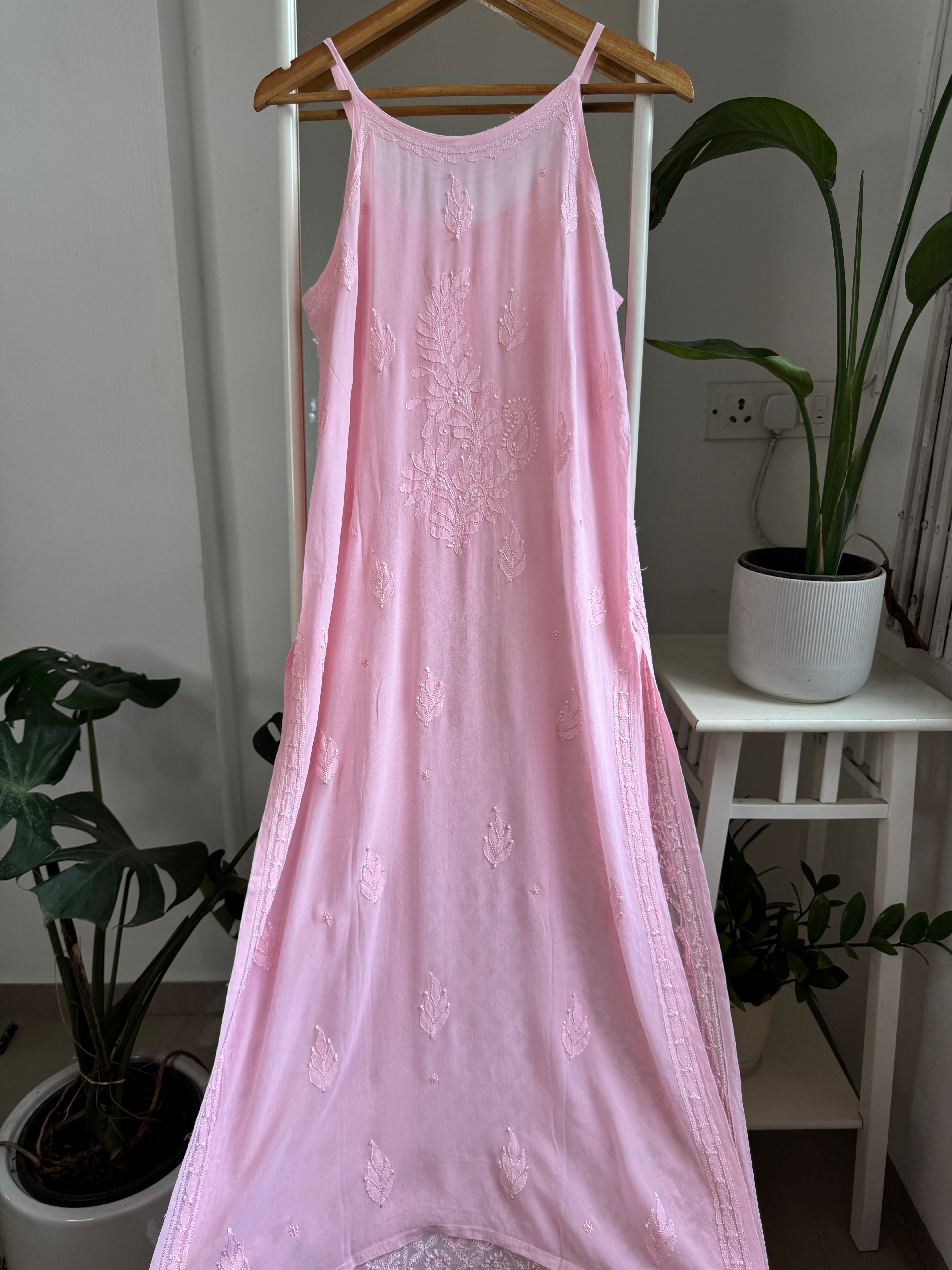 Noodle Strap Chikankari Kurti Long - Pink -Rose Collection