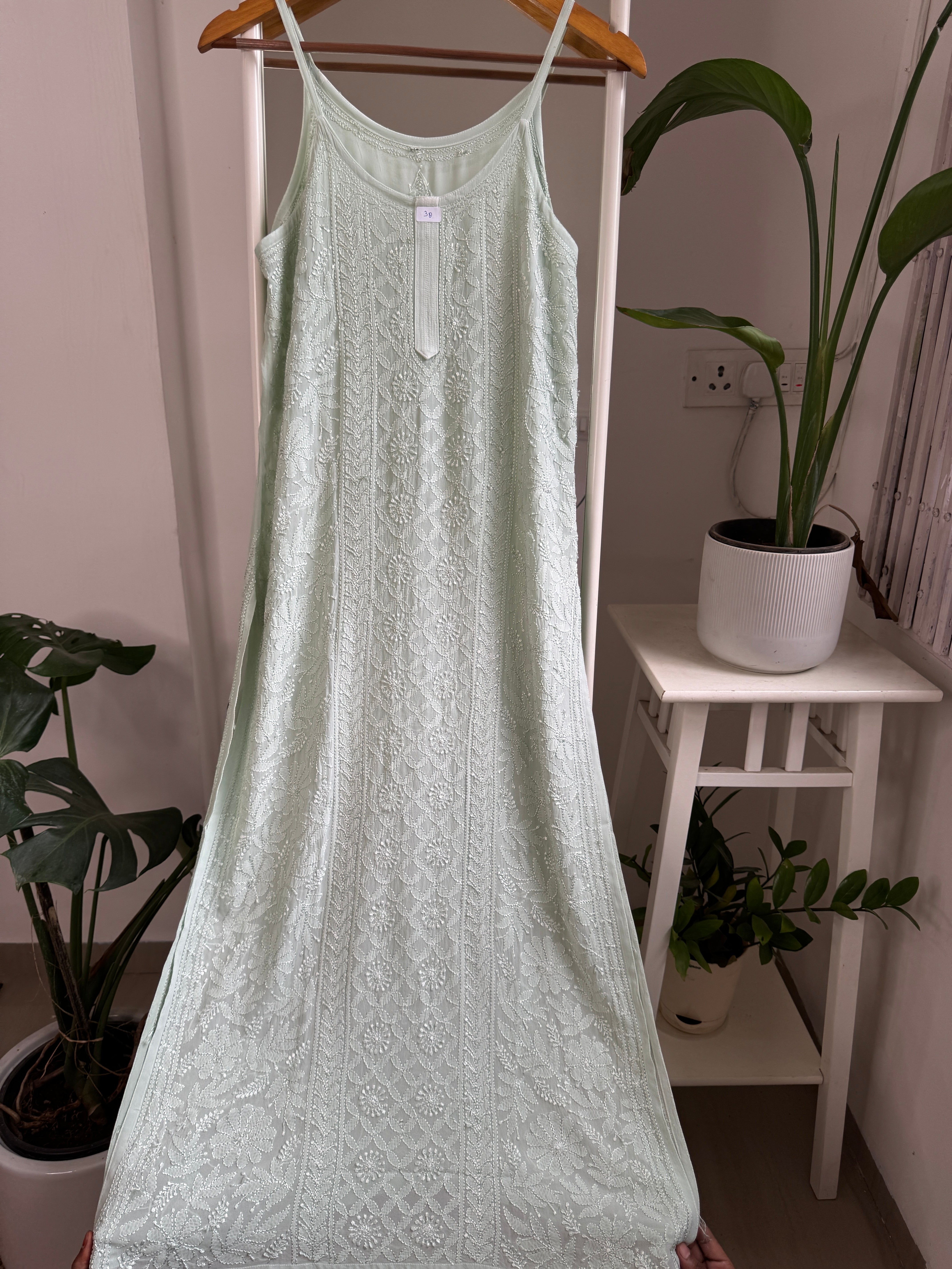 Noodle Strap Chikankari Kurti Long - Pista Green -Rose Collection