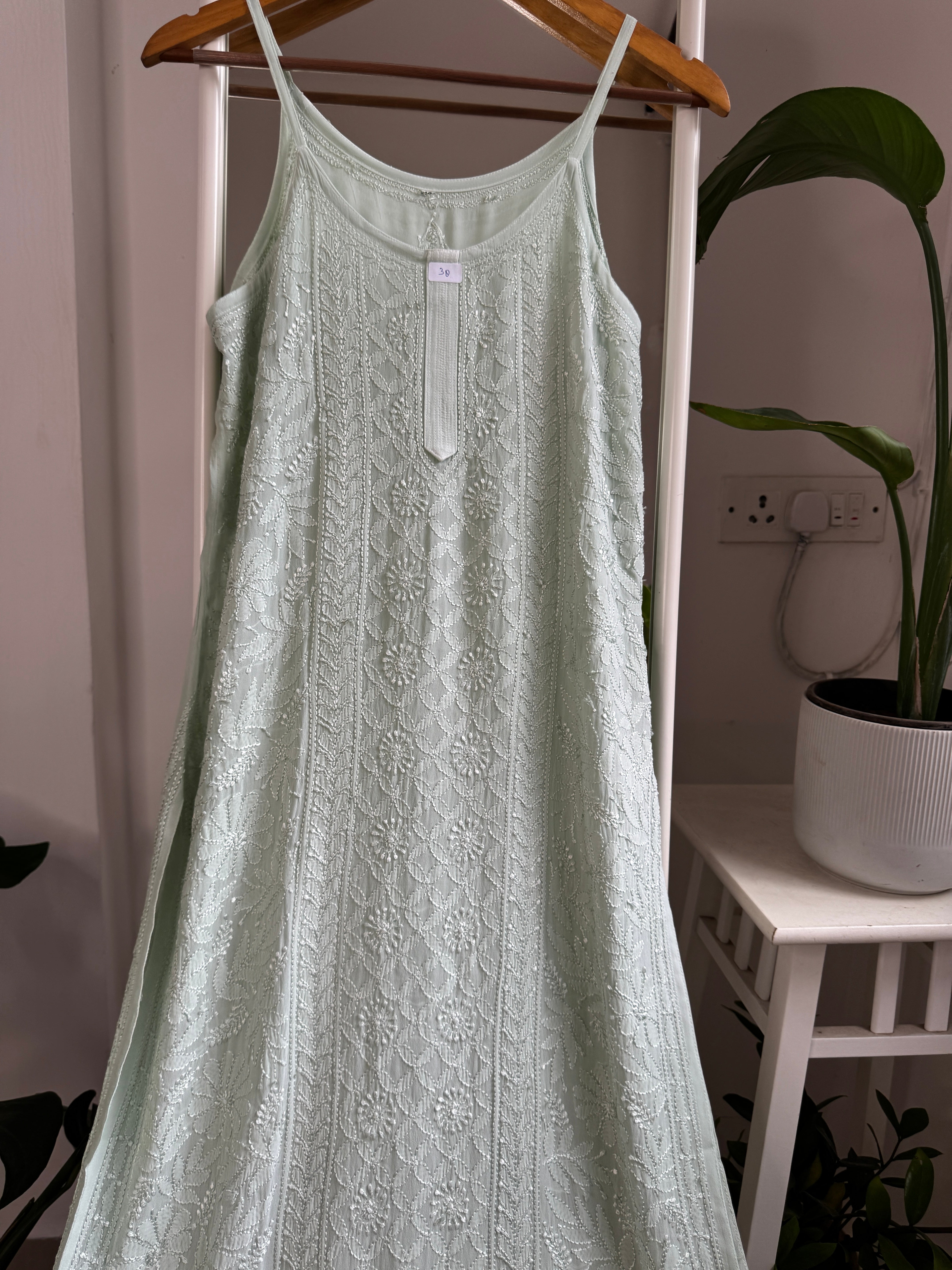 Noodle Strap Chikankari Kurti Long - Pista Green -Rose Collection
