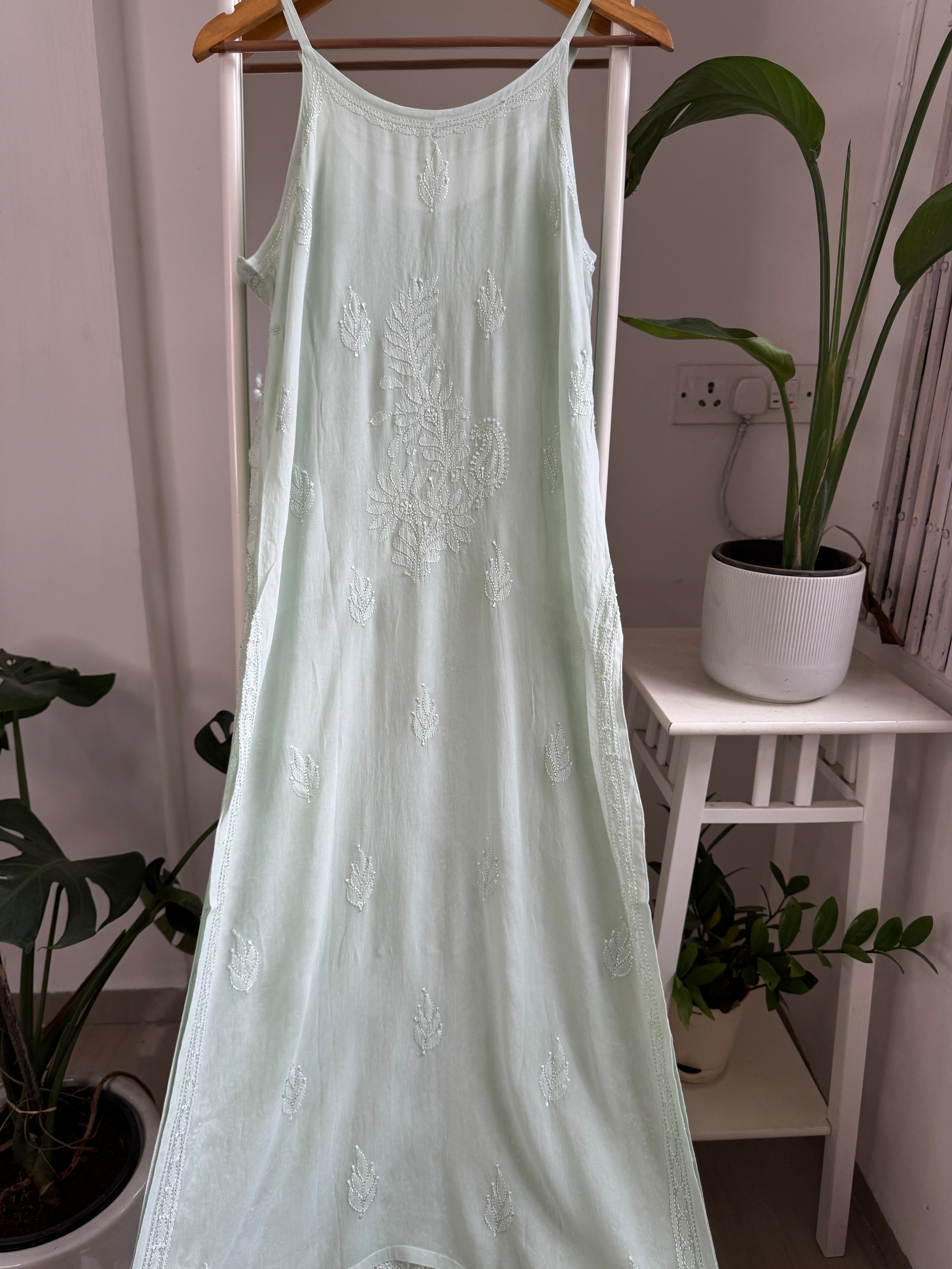 Noodle Strap Chikankari Kurti Long - Pista Green -Rose Collection ARIAA CHIKANKARI 