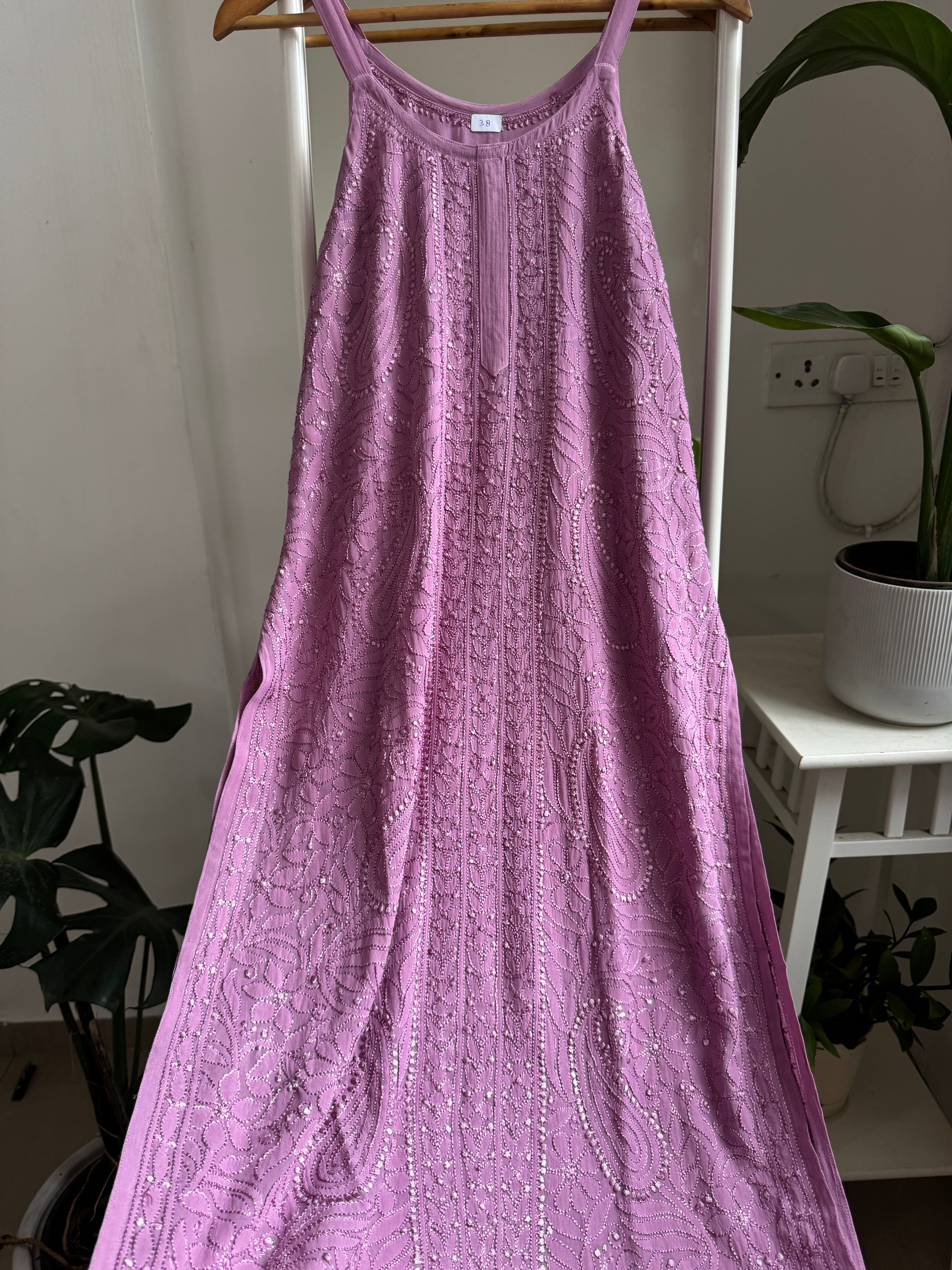 Noodle Strap Chikankari Kurti Long - Mauve -Rose Collection