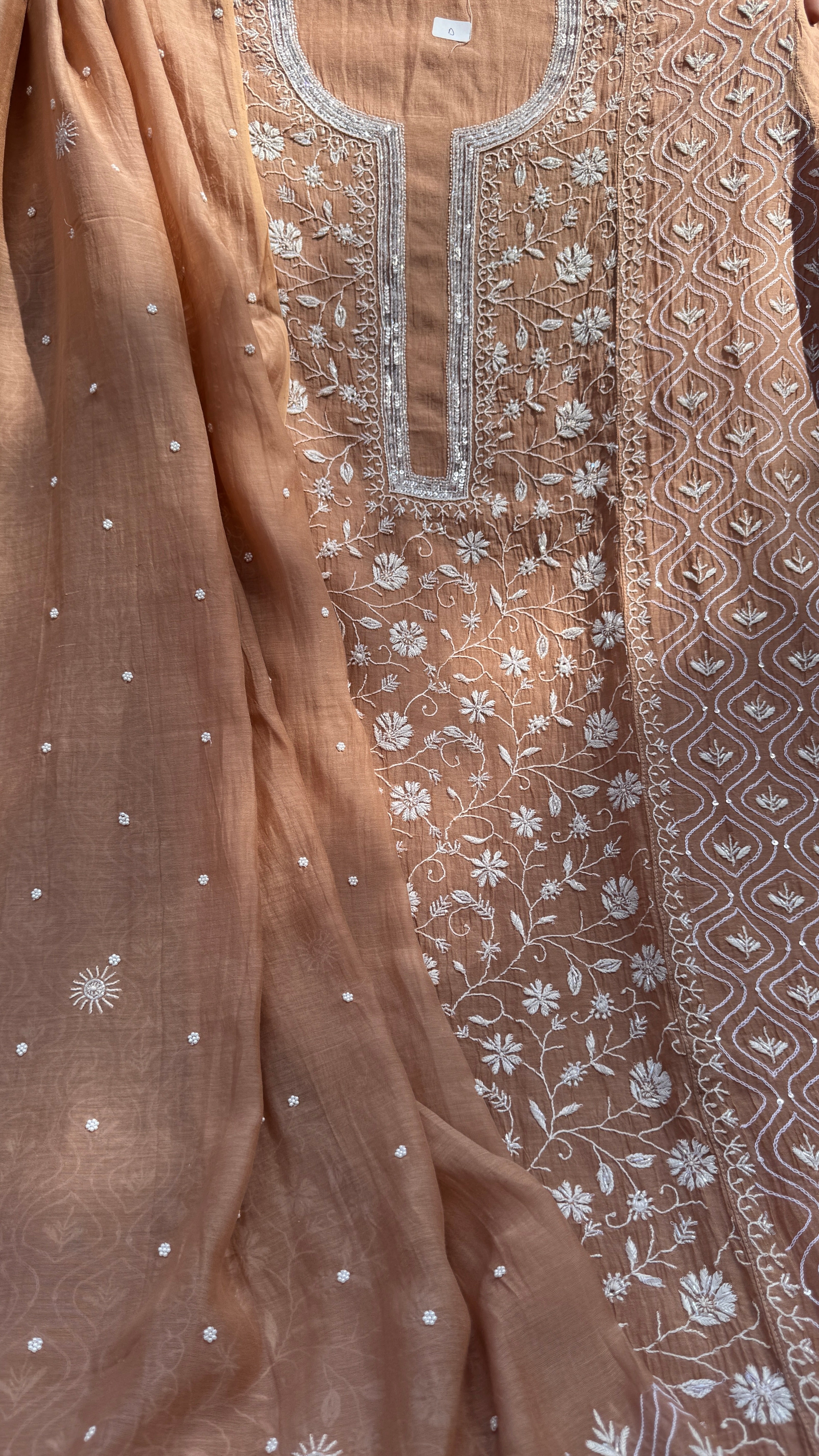 Mul Chanderi Chikankari - Unstitched Set - Brown