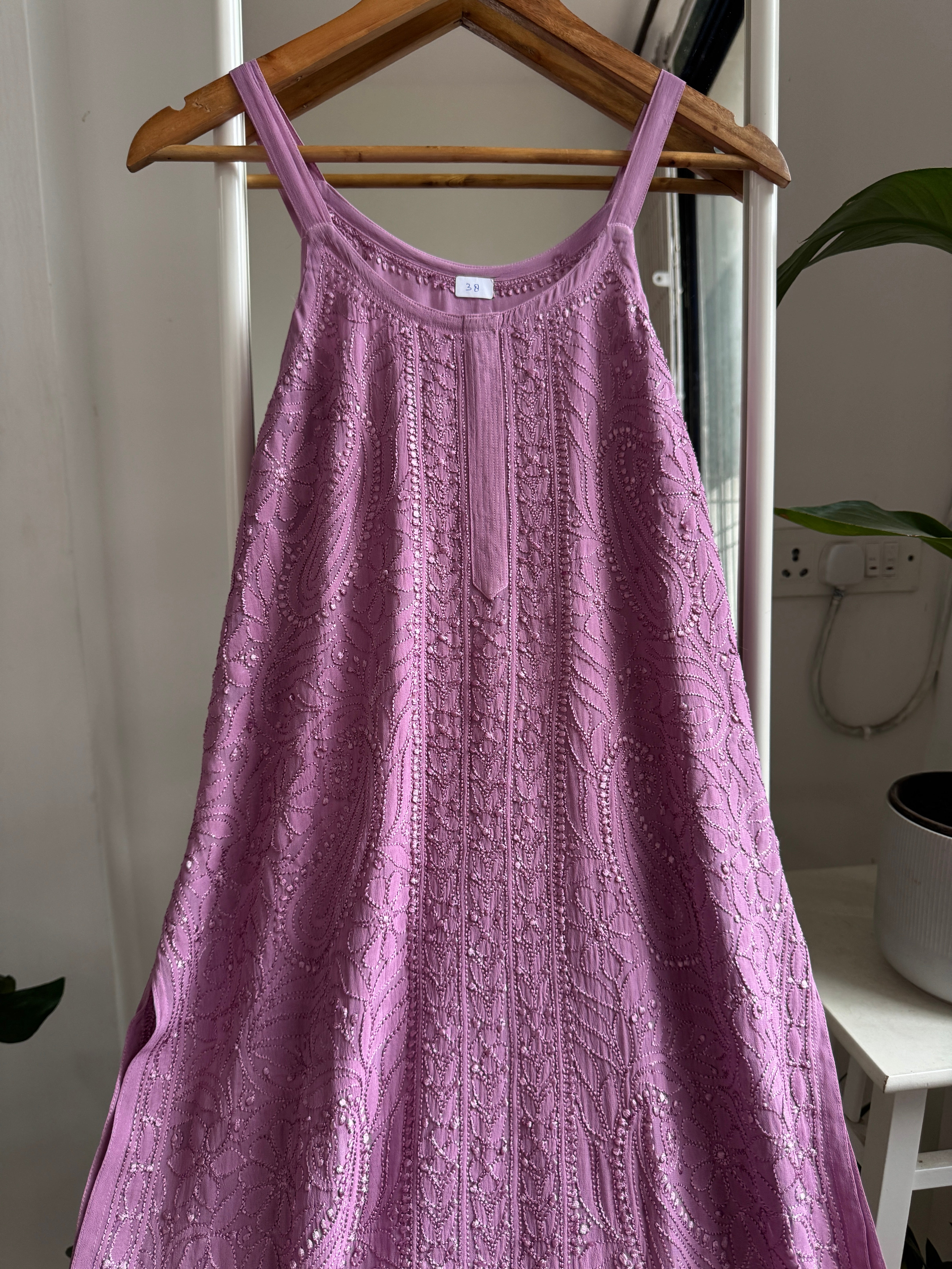 Noodle Strap Chikankari Kurti Long - Mauve -Rose Collection