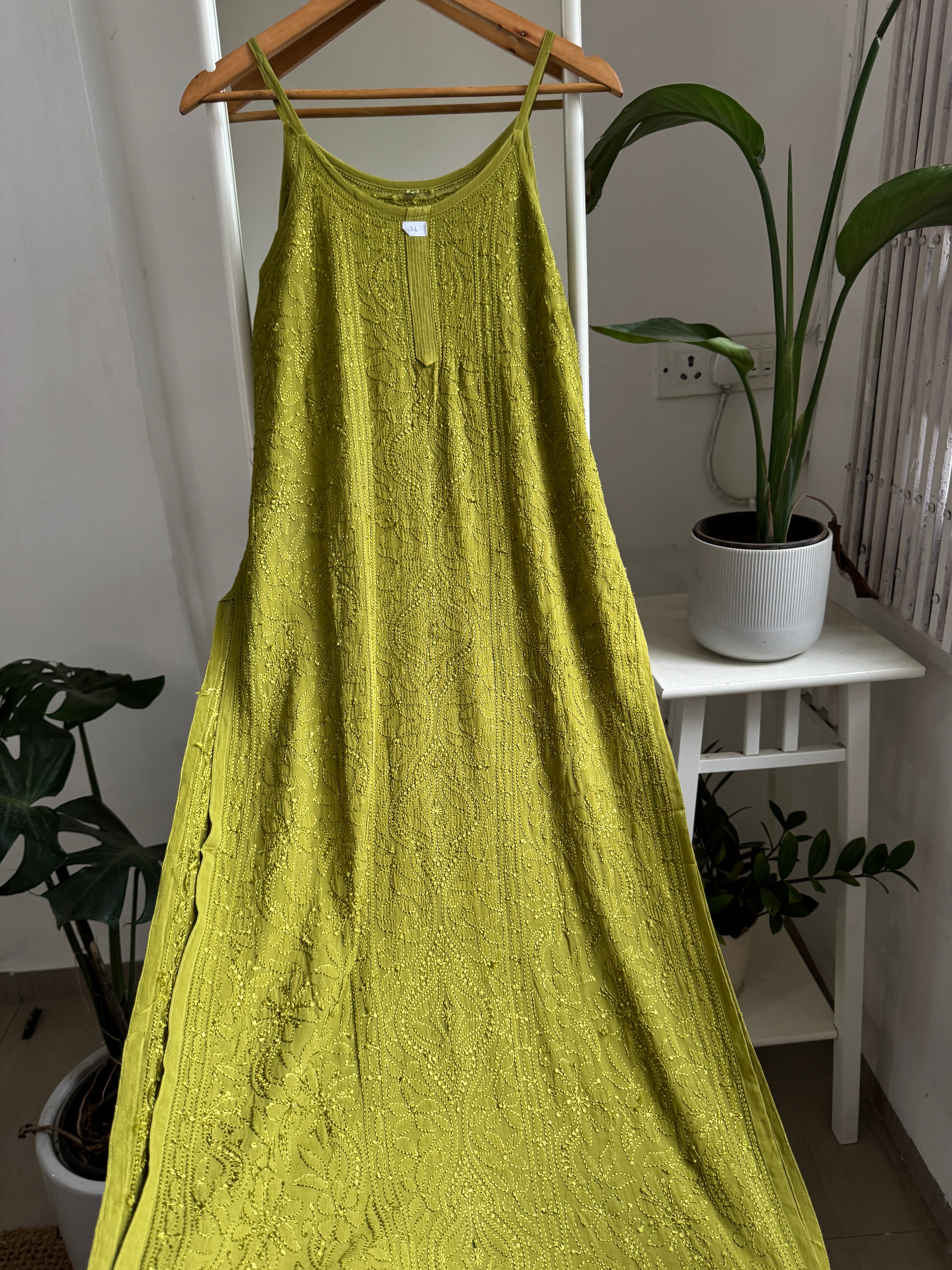 Noodle Strap Chikankari Kurti Long - Green -Rose Collection