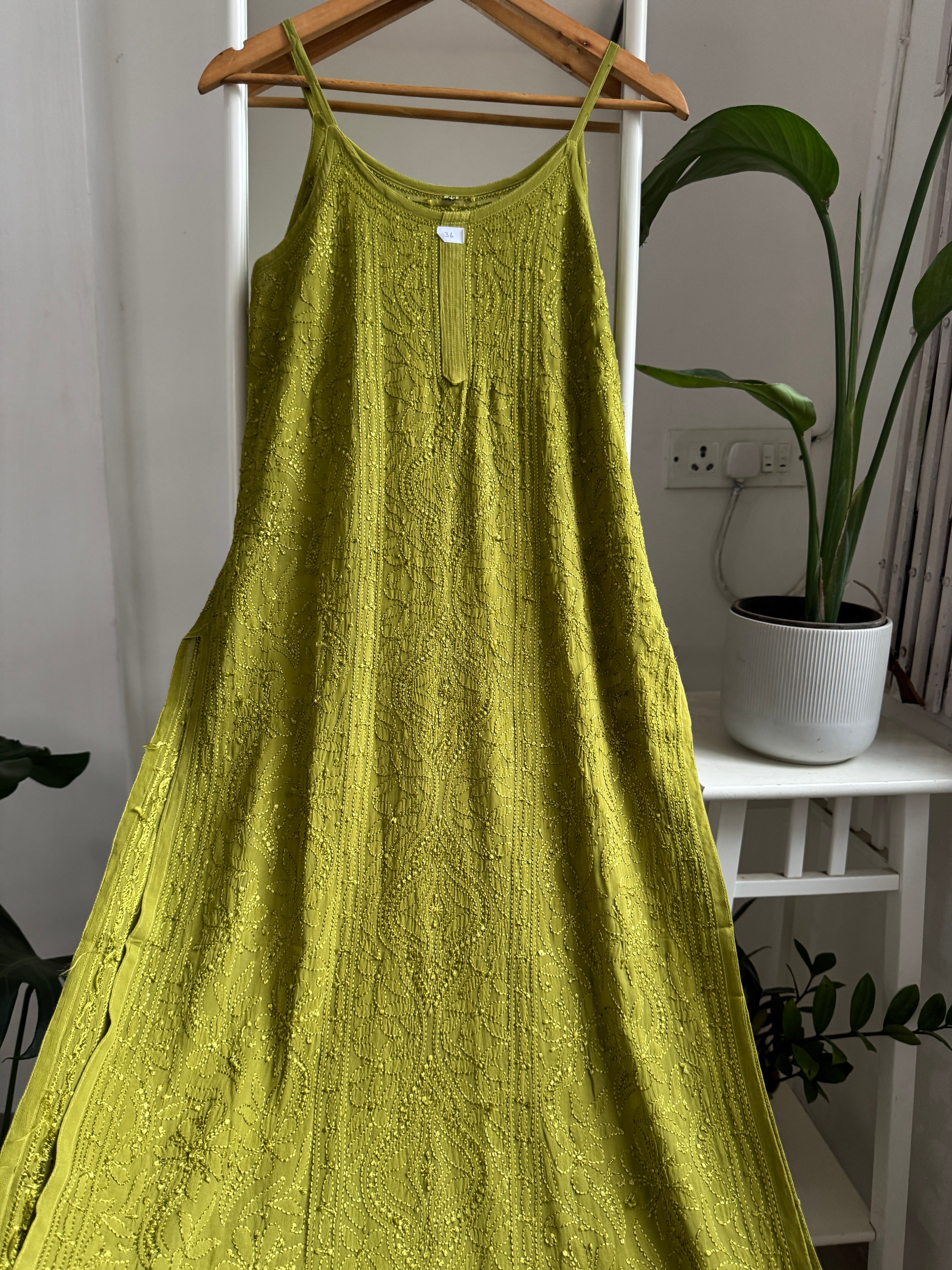 Noodle Strap Chikankari Kurti Long - Green -Rose Collection
