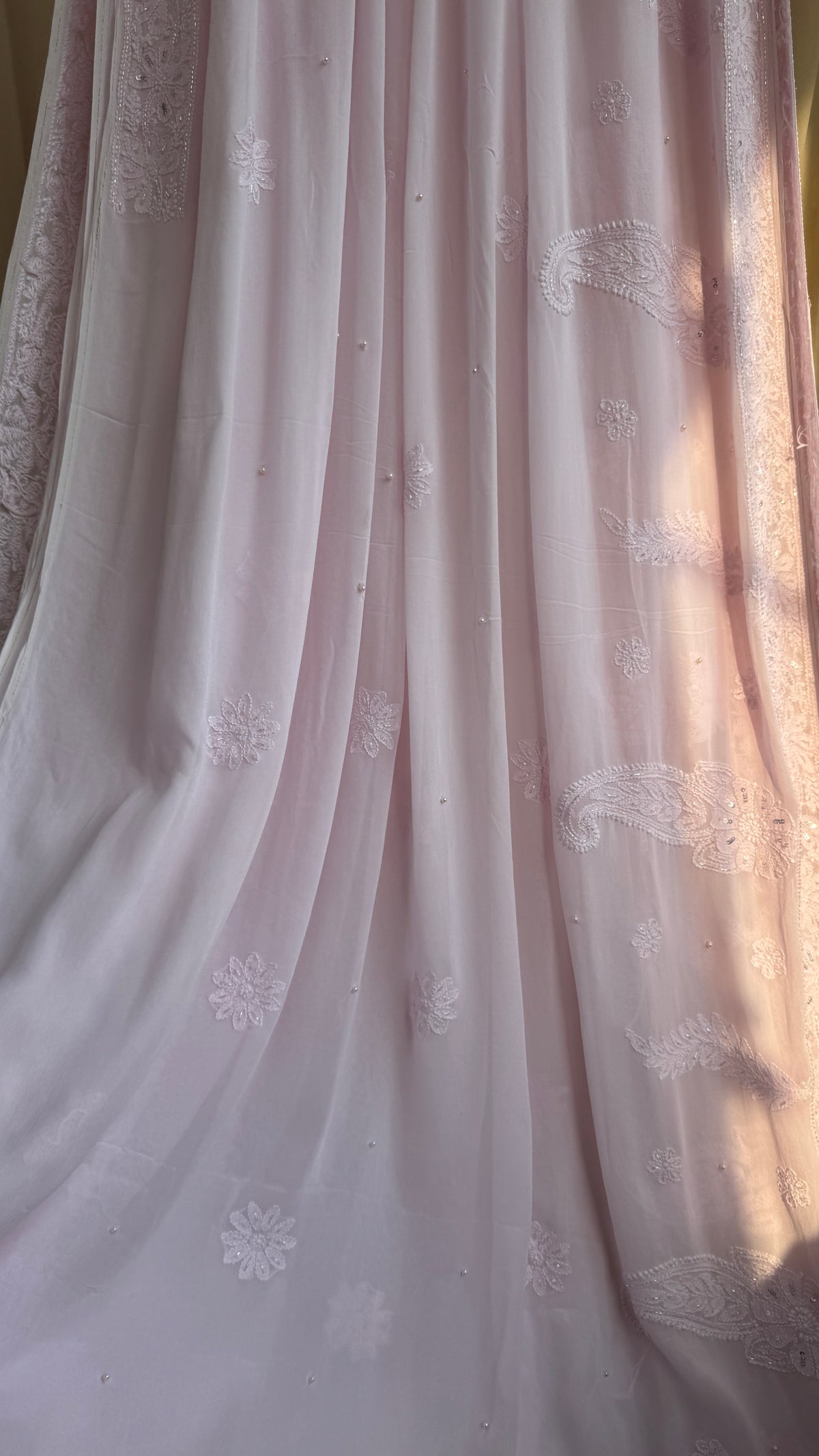 Viscose Chikankari saree with Pearl embellishments - Pink