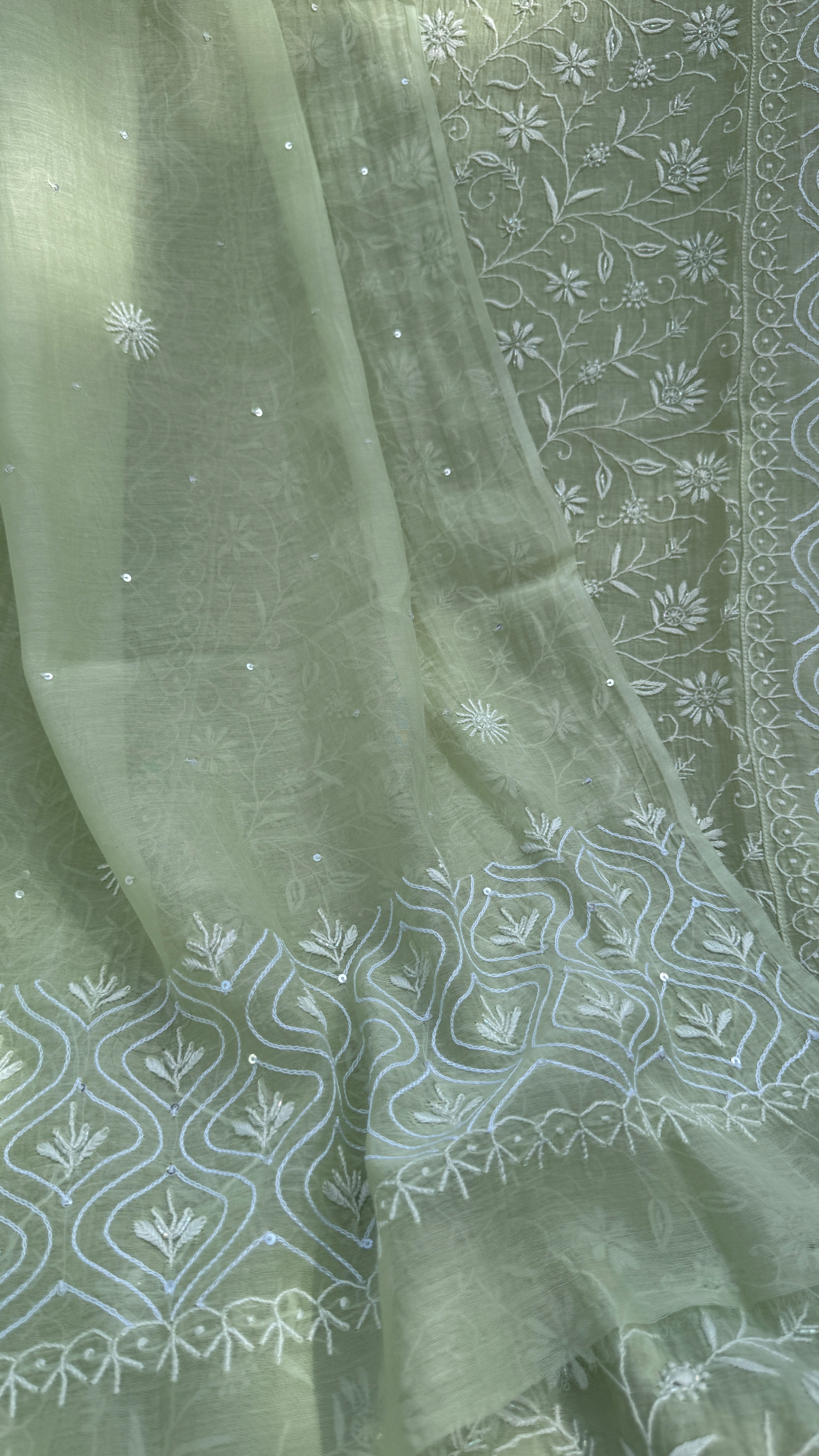Mul Chanderi Chikankari - Unstitched Set - Pista Green