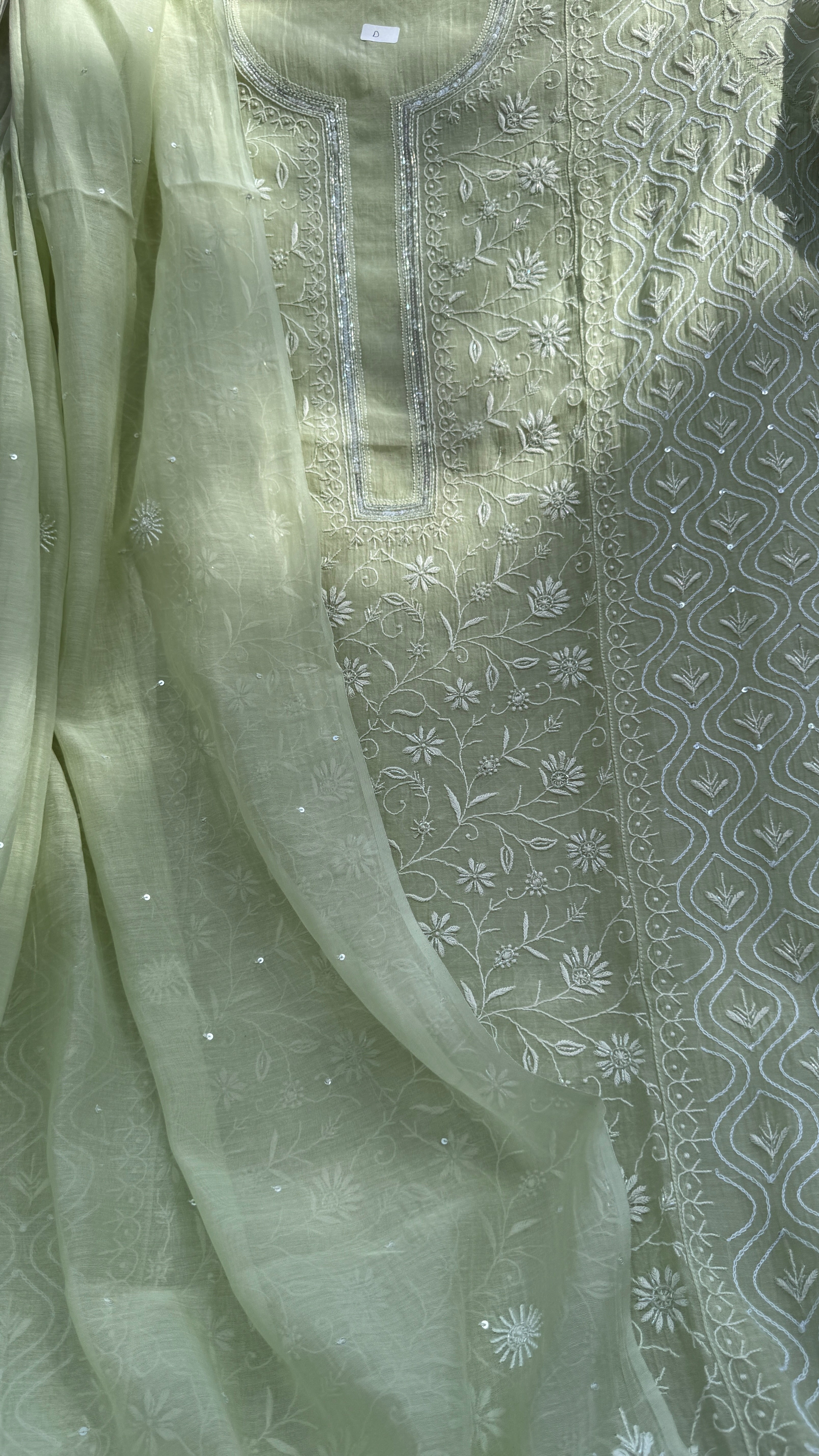Mul Chanderi Chikankari - Unstitched Set - Pista Green