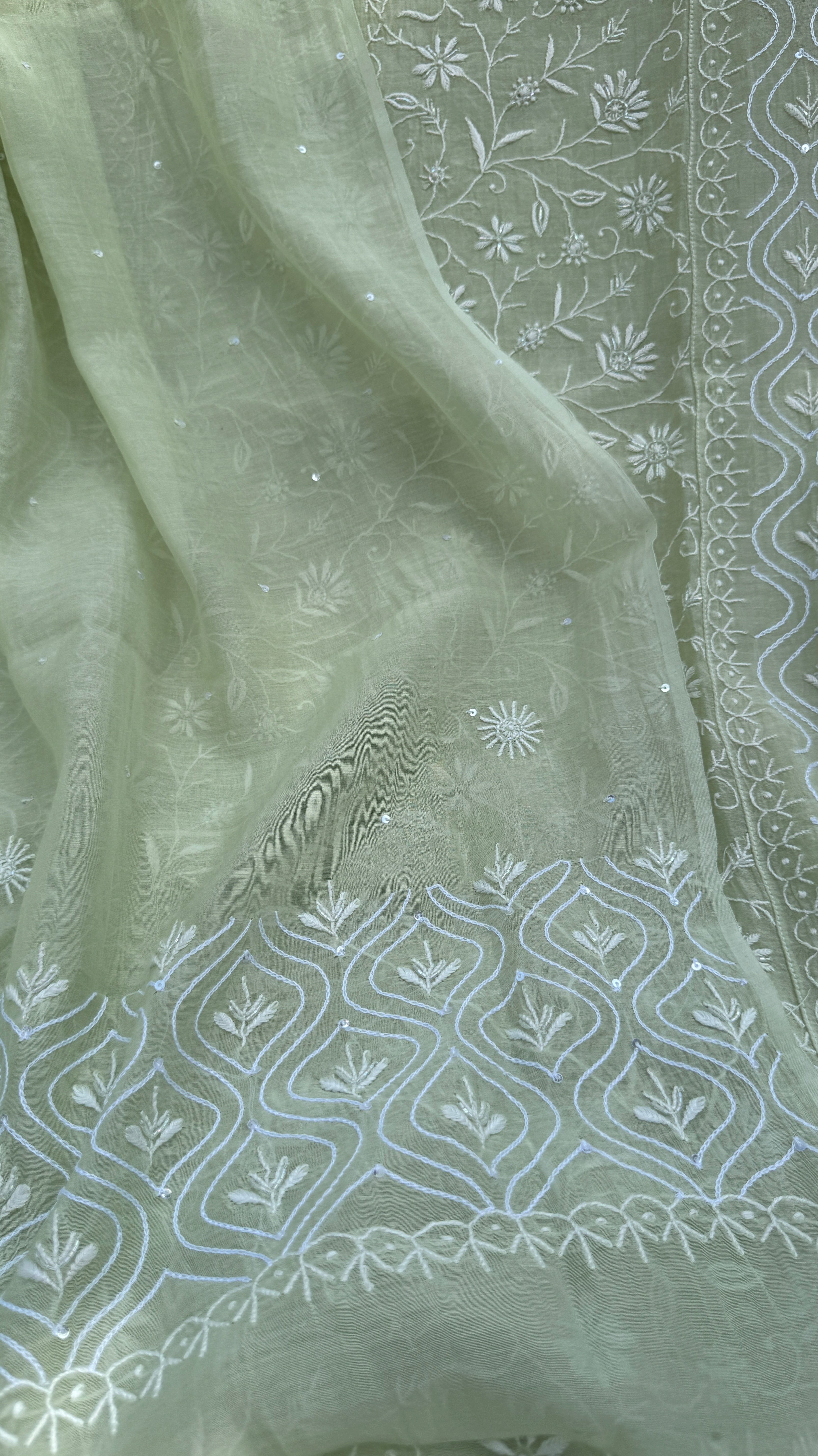Mul Chanderi Chikankari - Unstitched Set - Pista Green