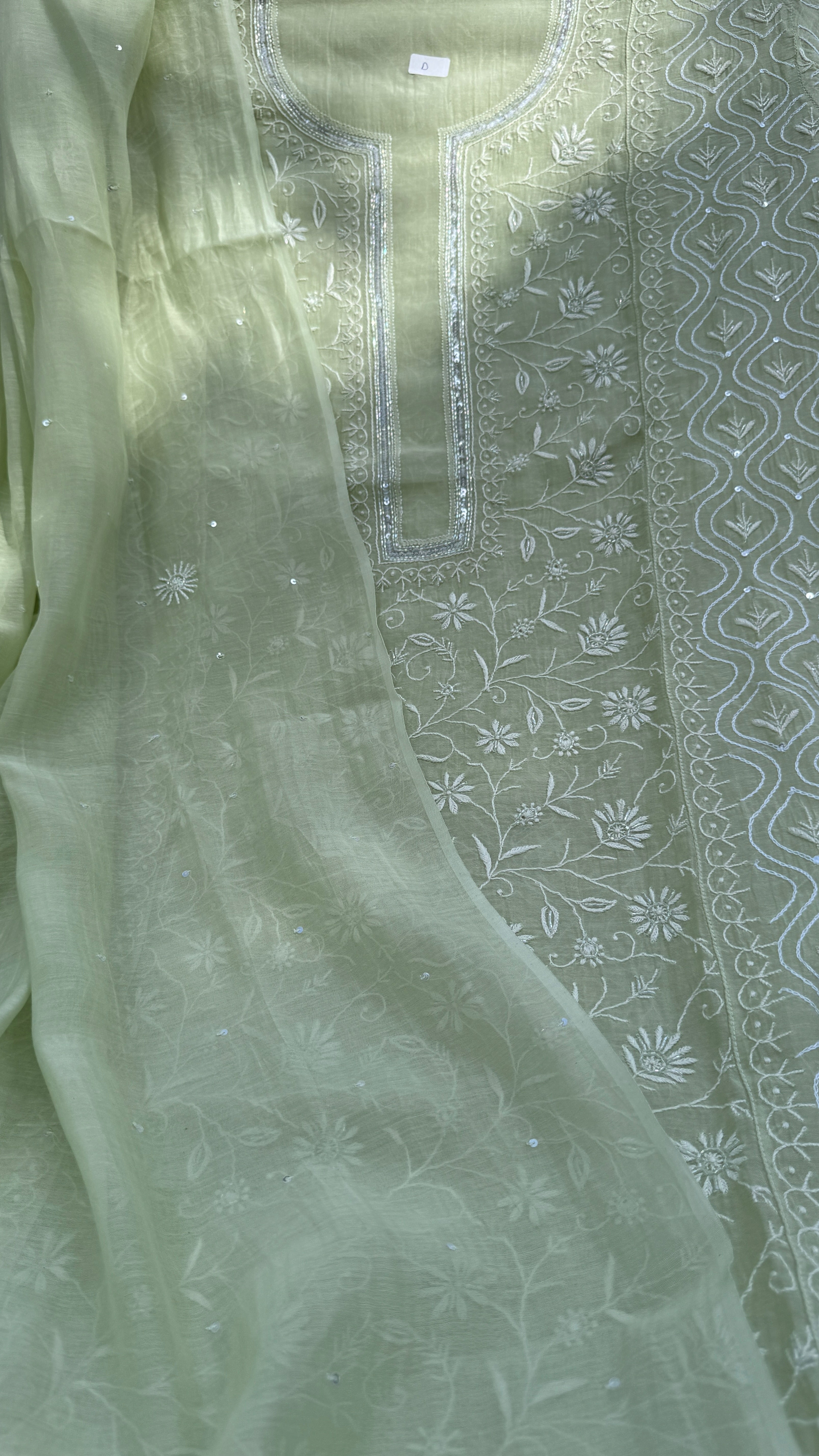 Mul Chanderi Chikankari - Unstitched Set - Pista Green