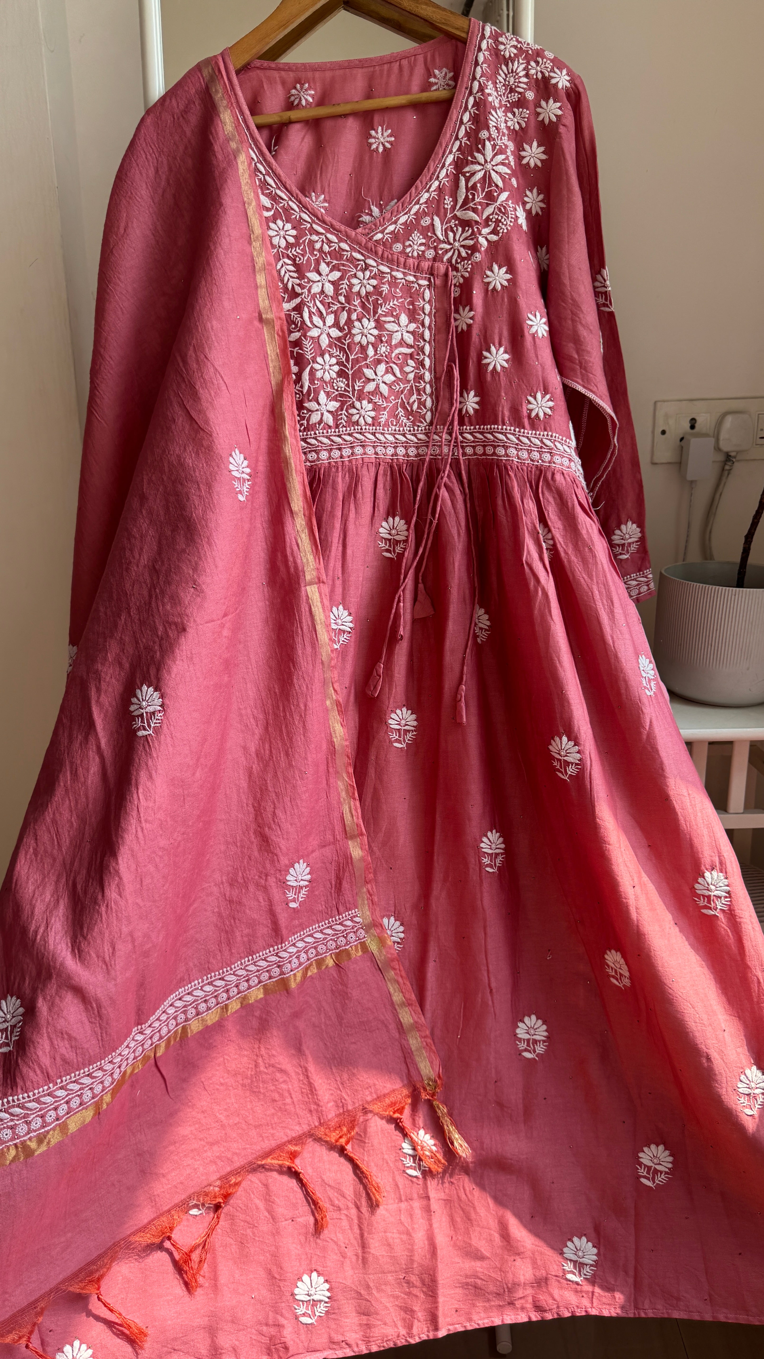 Pure Chanderi Chikankari Anarkali - Rosewood