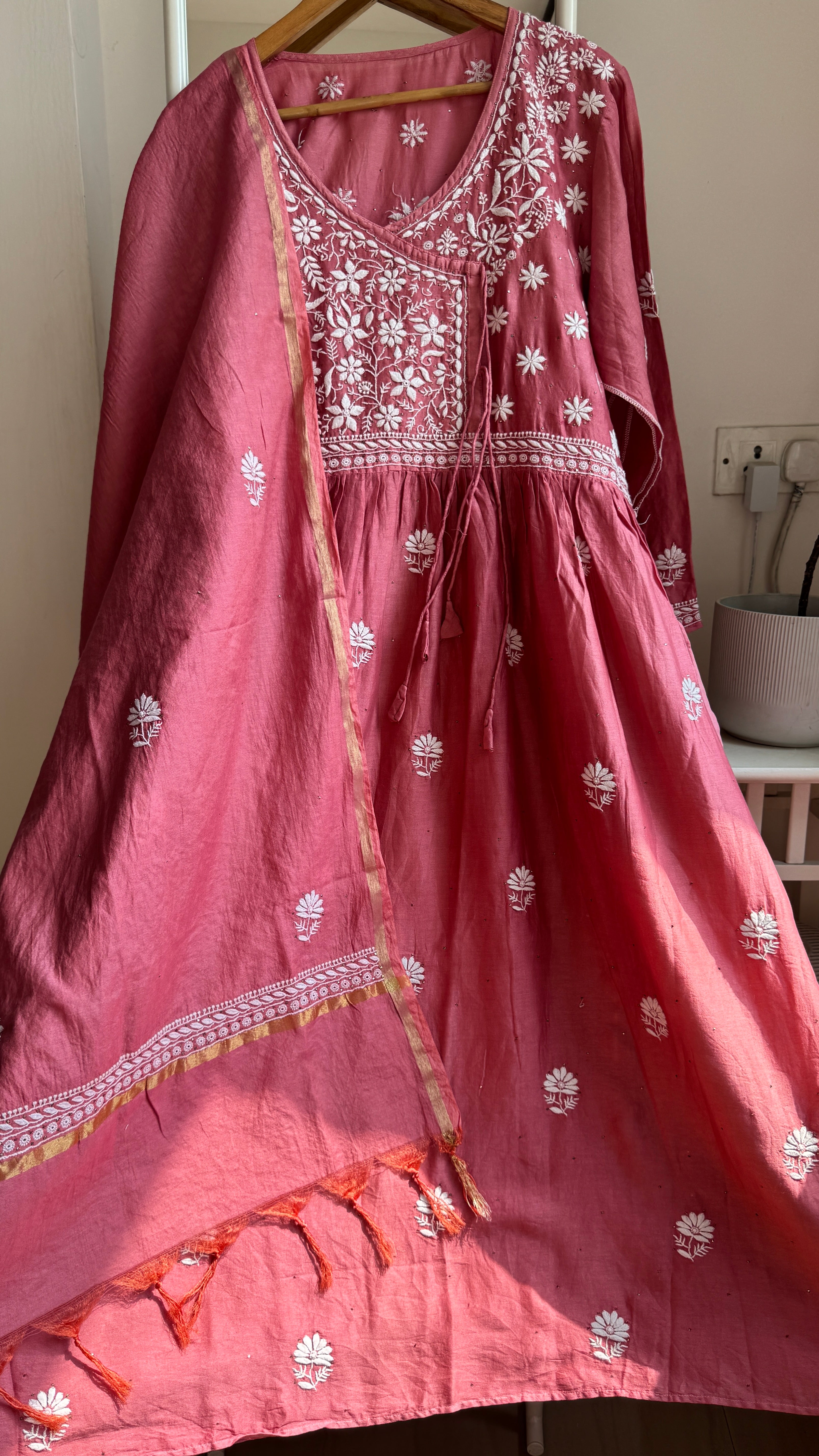 Pure Chanderi Chikankari Anarkali - Rosewood