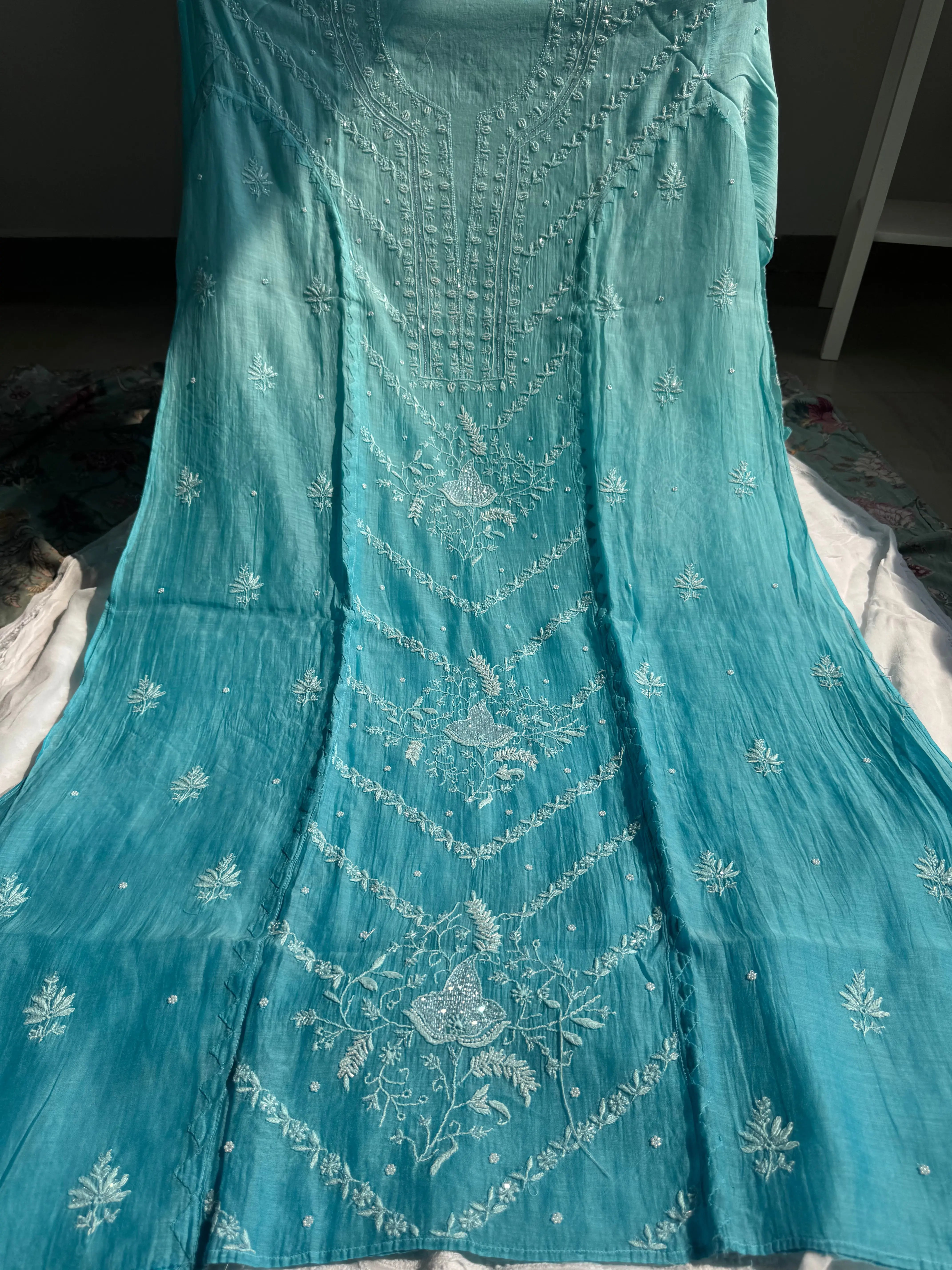 Mul Chanderi Chikankari Anarkali - Blue Ombre ARIAA CHIKANKARI 