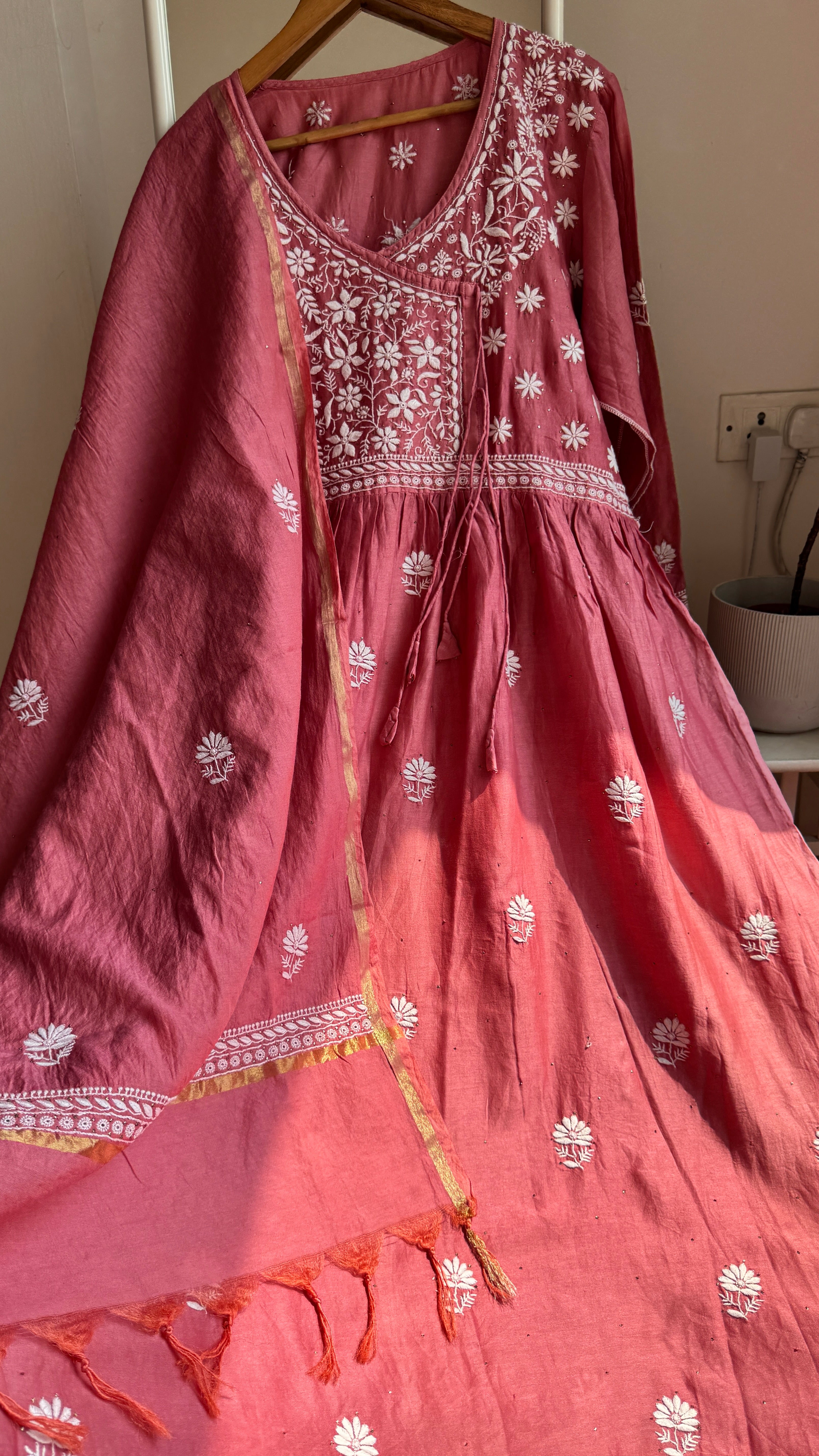 Pure Chanderi Chikankari Anarkali - Rosewood