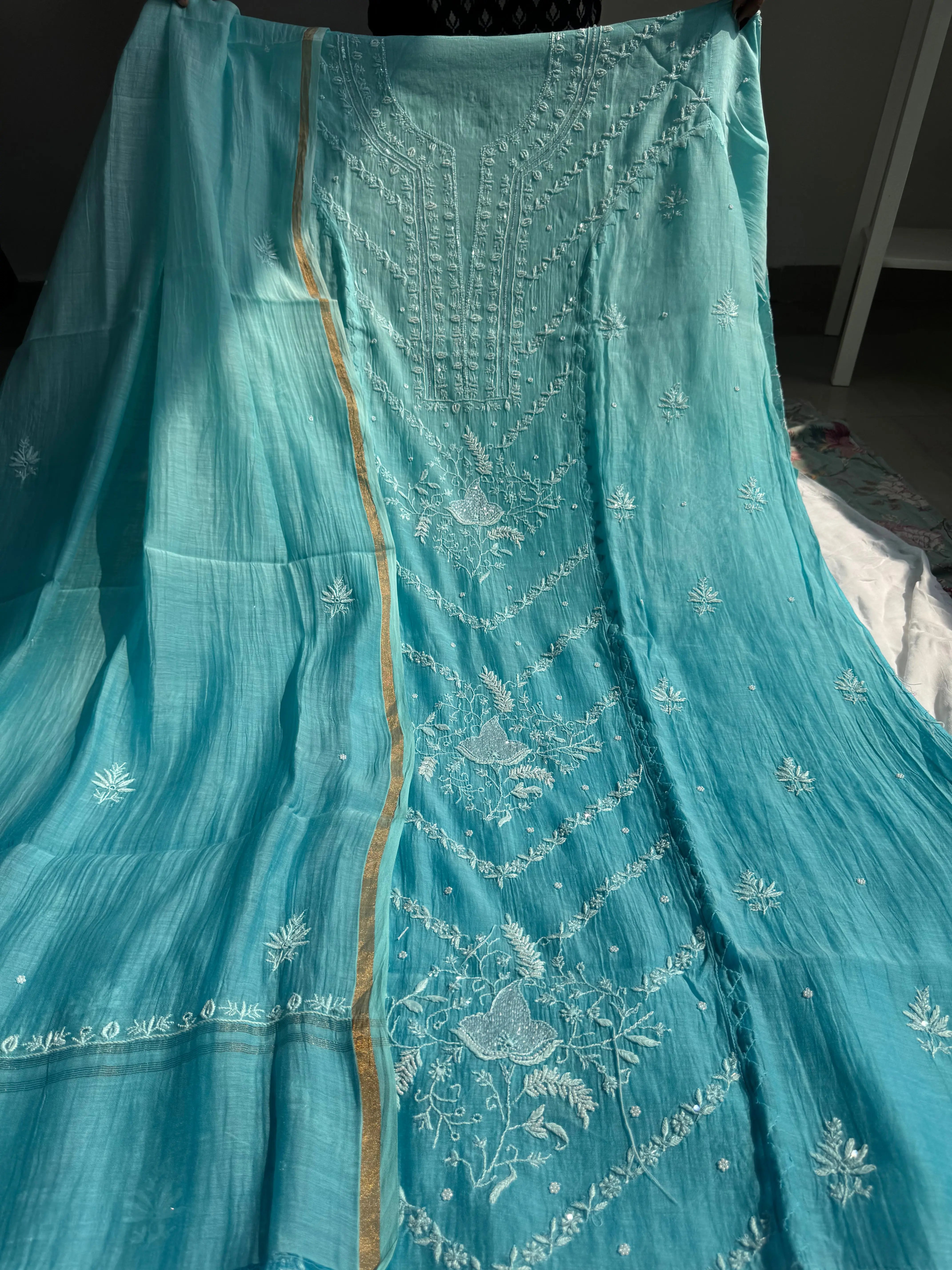 Mul Chanderi Chikankari Anarkali - Blue Ombre ARIAA CHIKANKARI 