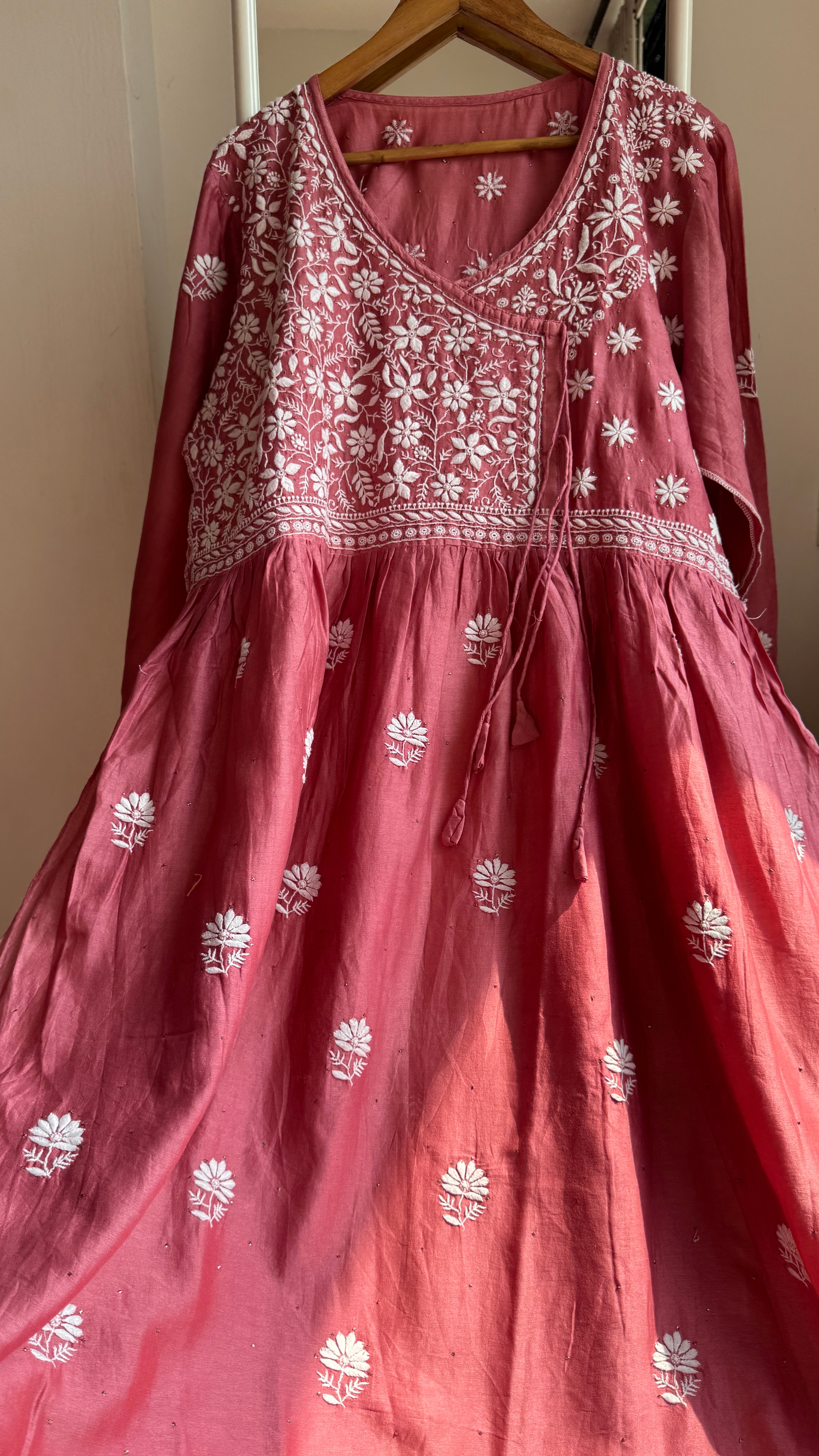 Pure Chanderi Chikankari Anarkali - Rosewood