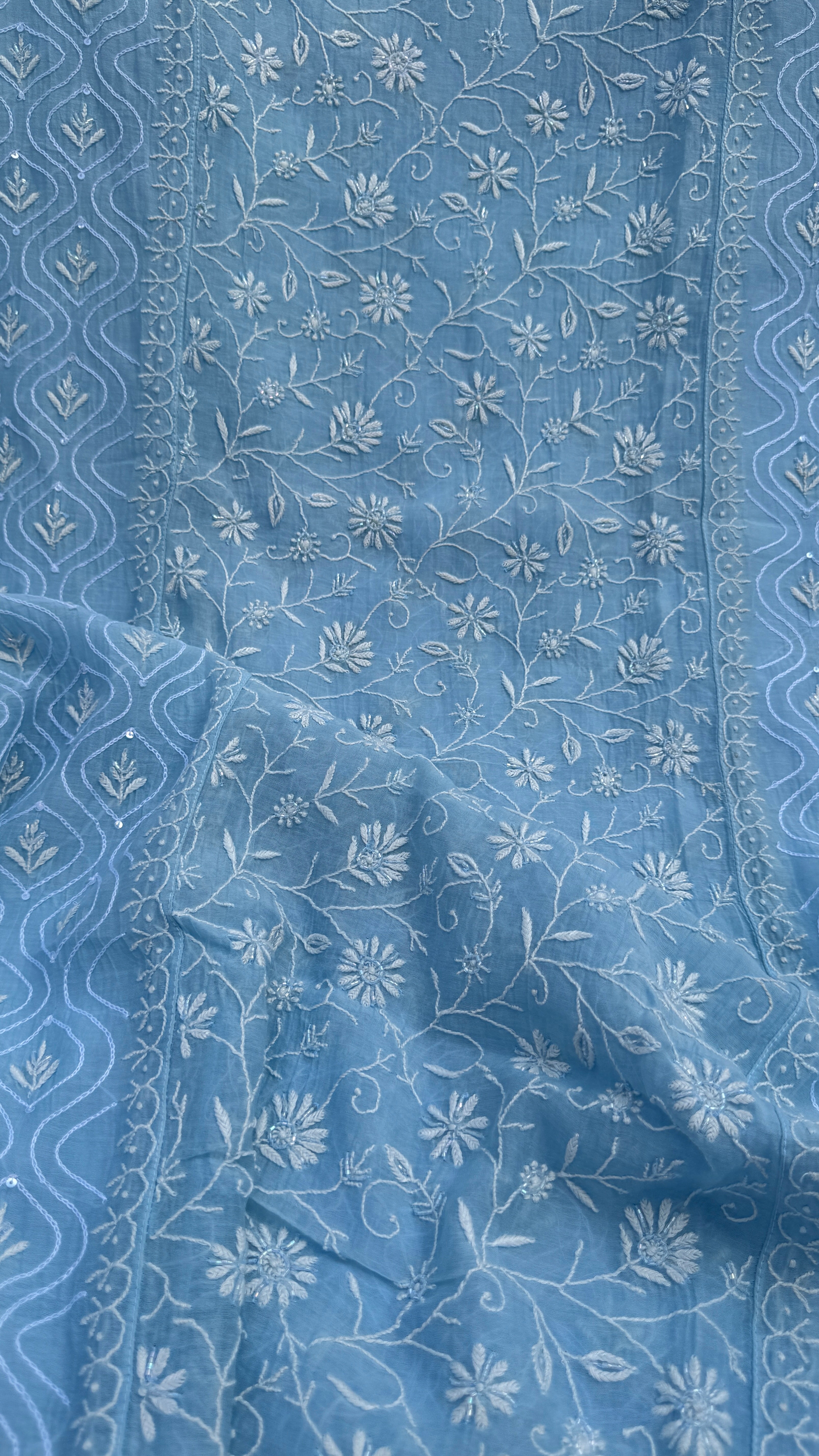 Mul Chanderi Chikankari - Unstitched Set - Blue
