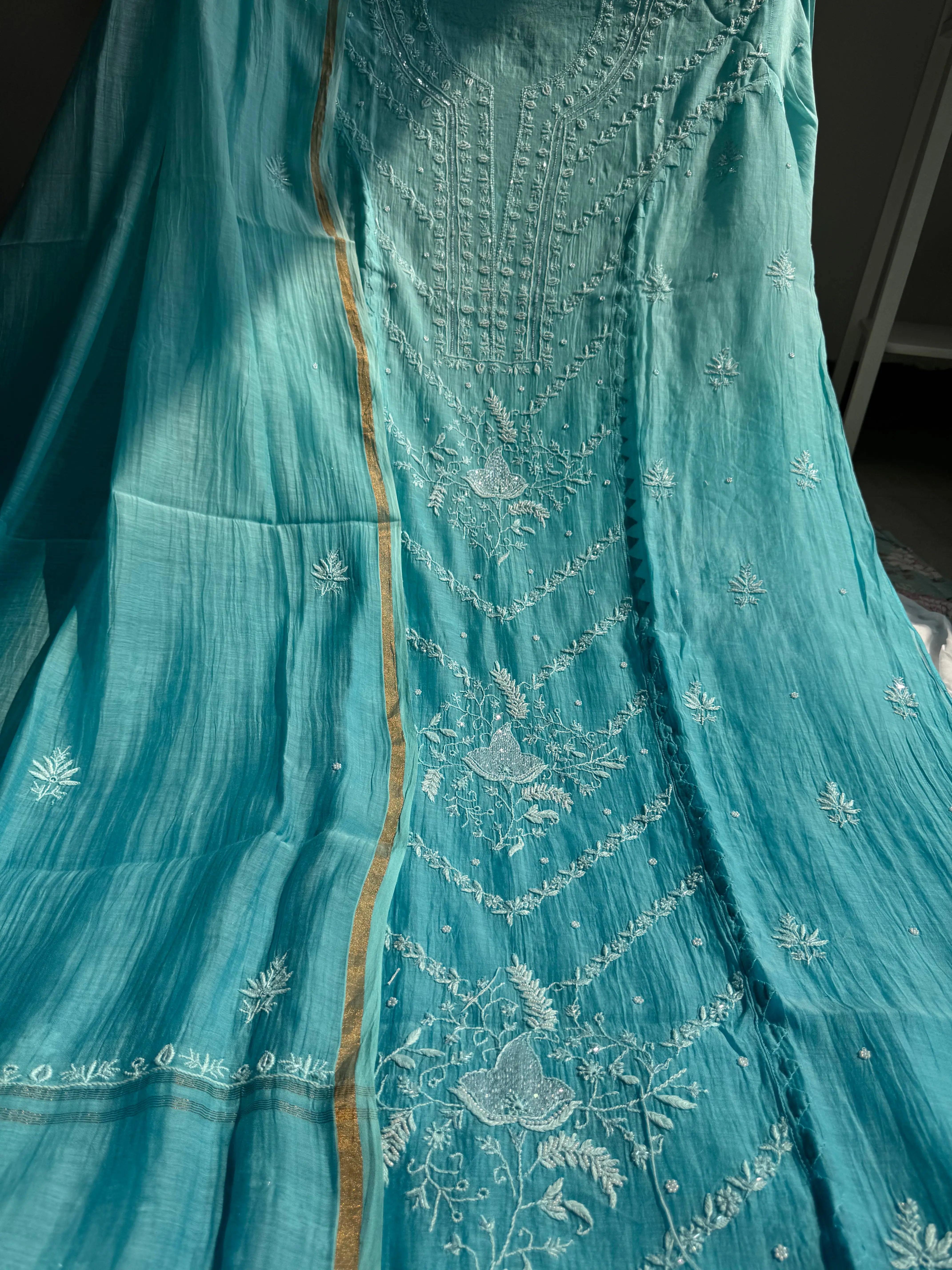 Mul Chanderi Chikankari Anarkali - Blue Ombre ARIAA CHIKANKARI 