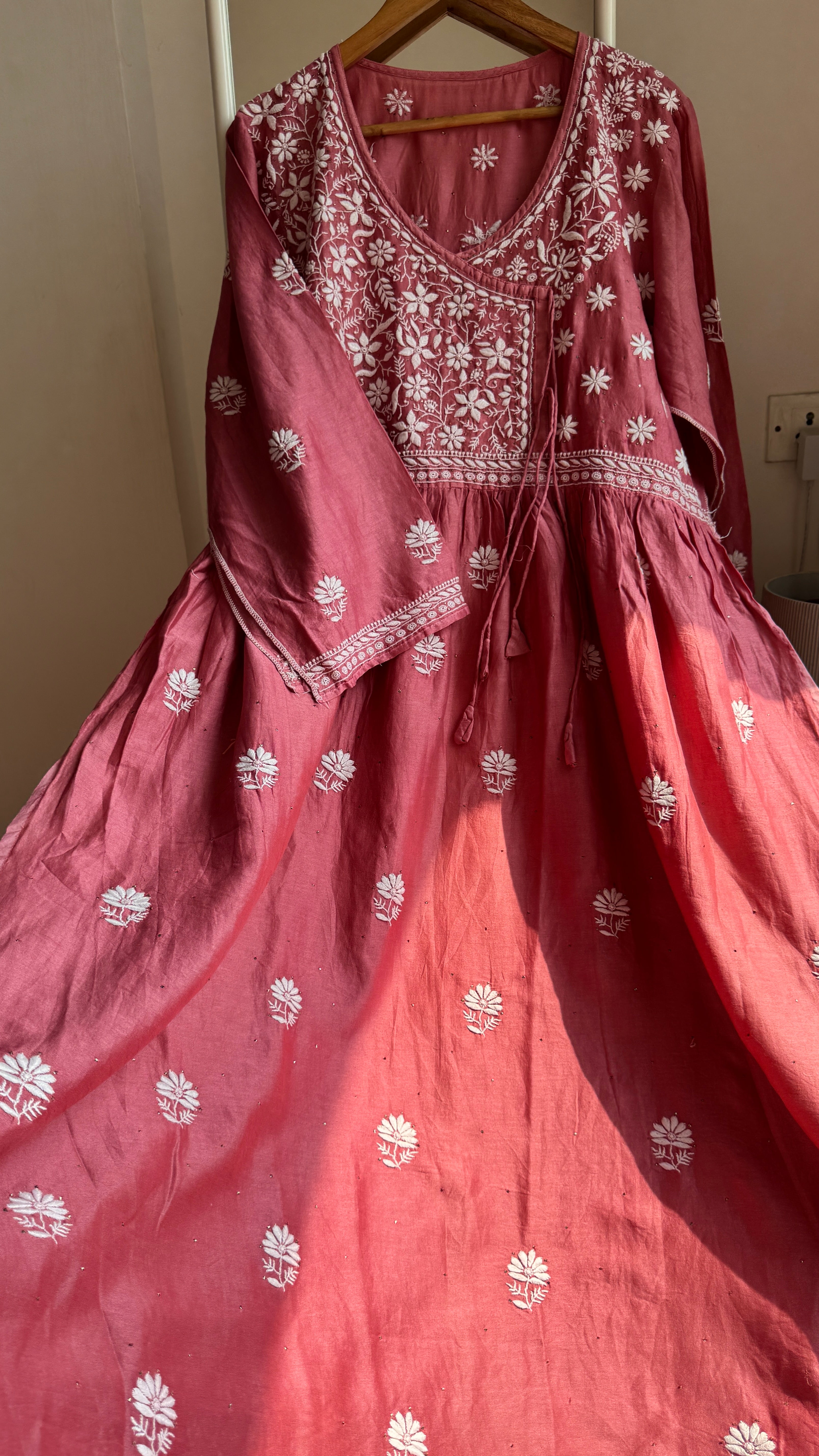 Pure Chanderi Chikankari Anarkali - Rosewood