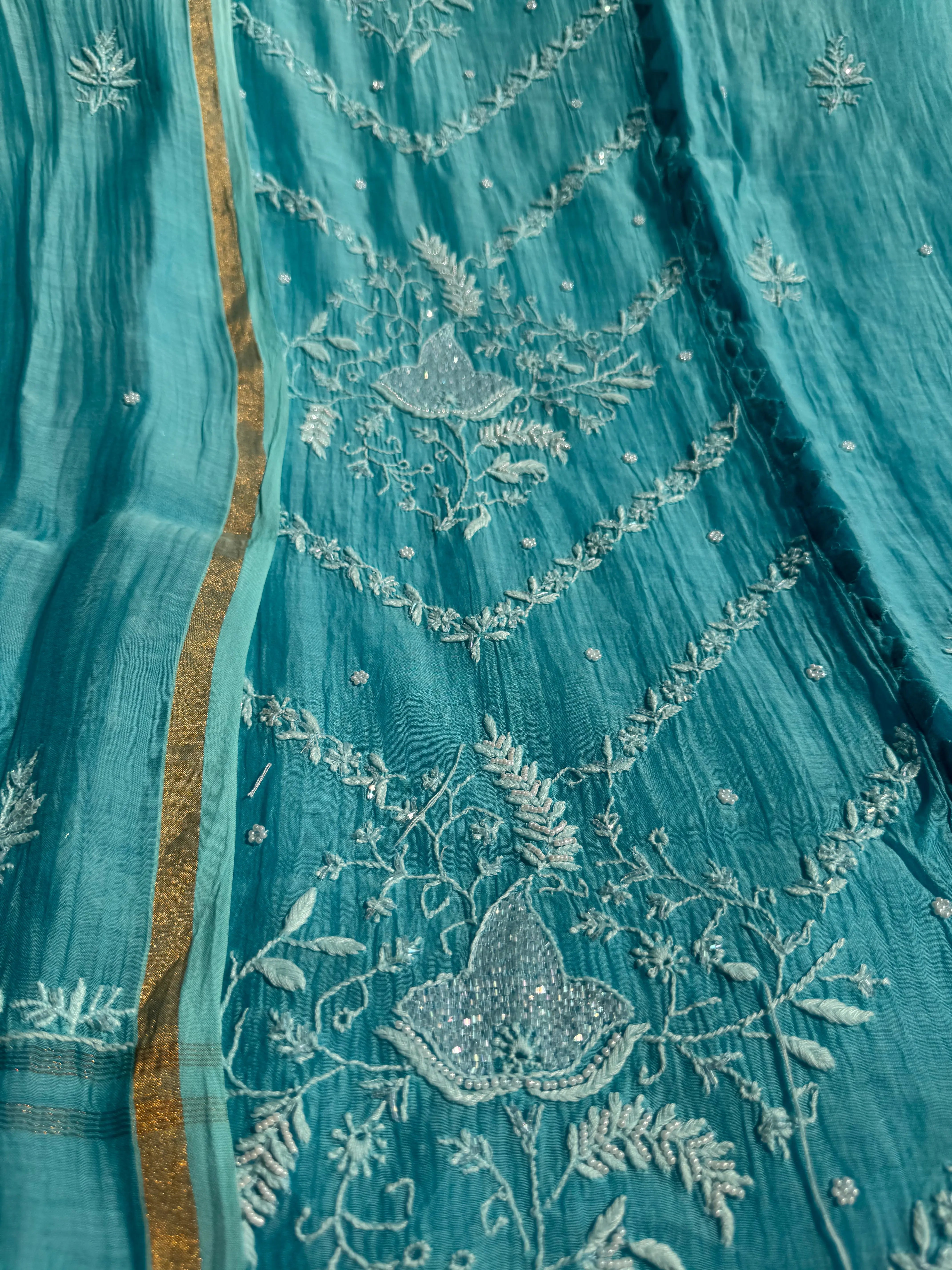 Mul Chanderi Chikankari Anarkali - Blue Ombre ARIAA CHIKANKARI 