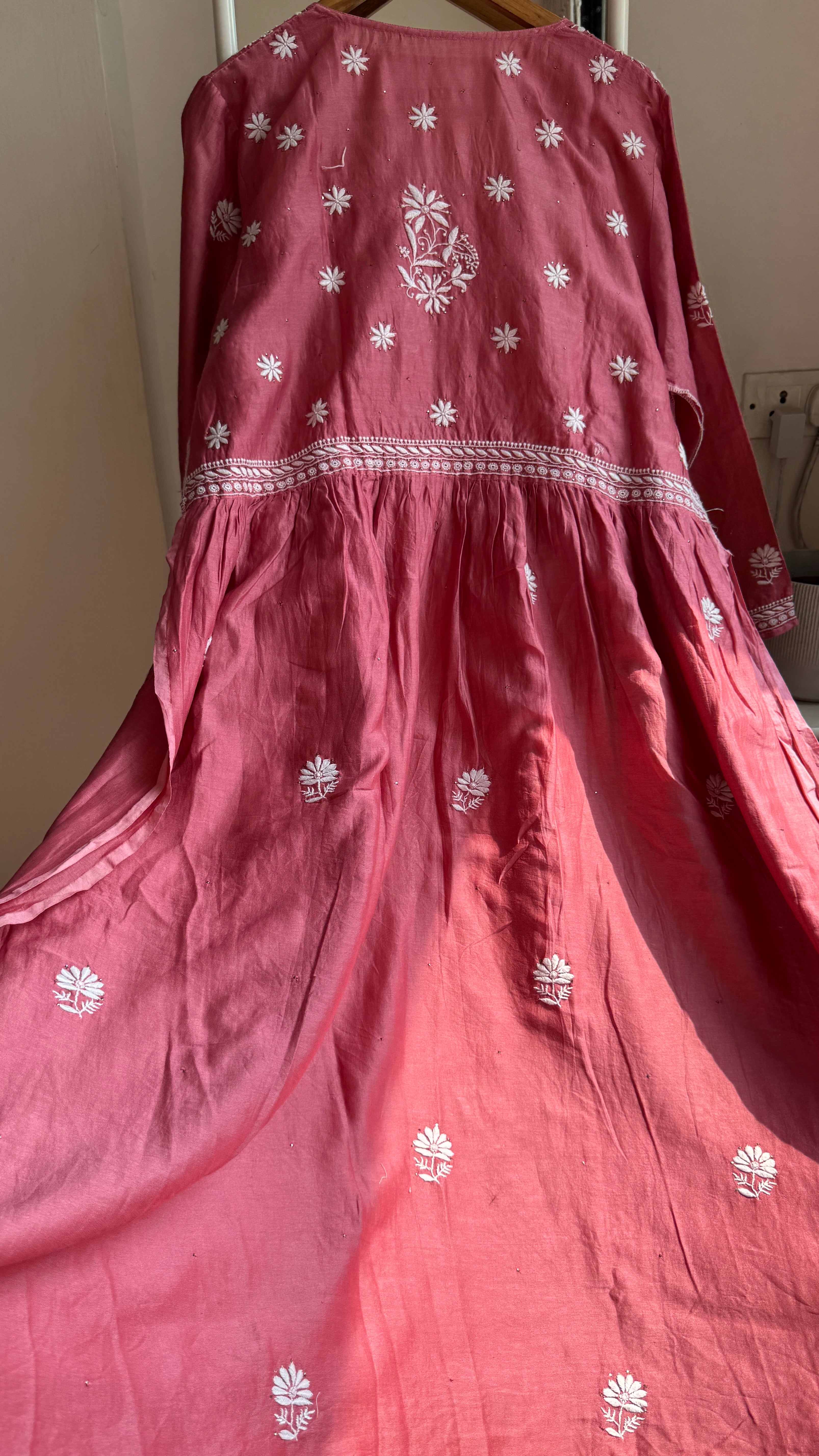 Pure Chanderi Chikankari Anarkali - Rosewood
