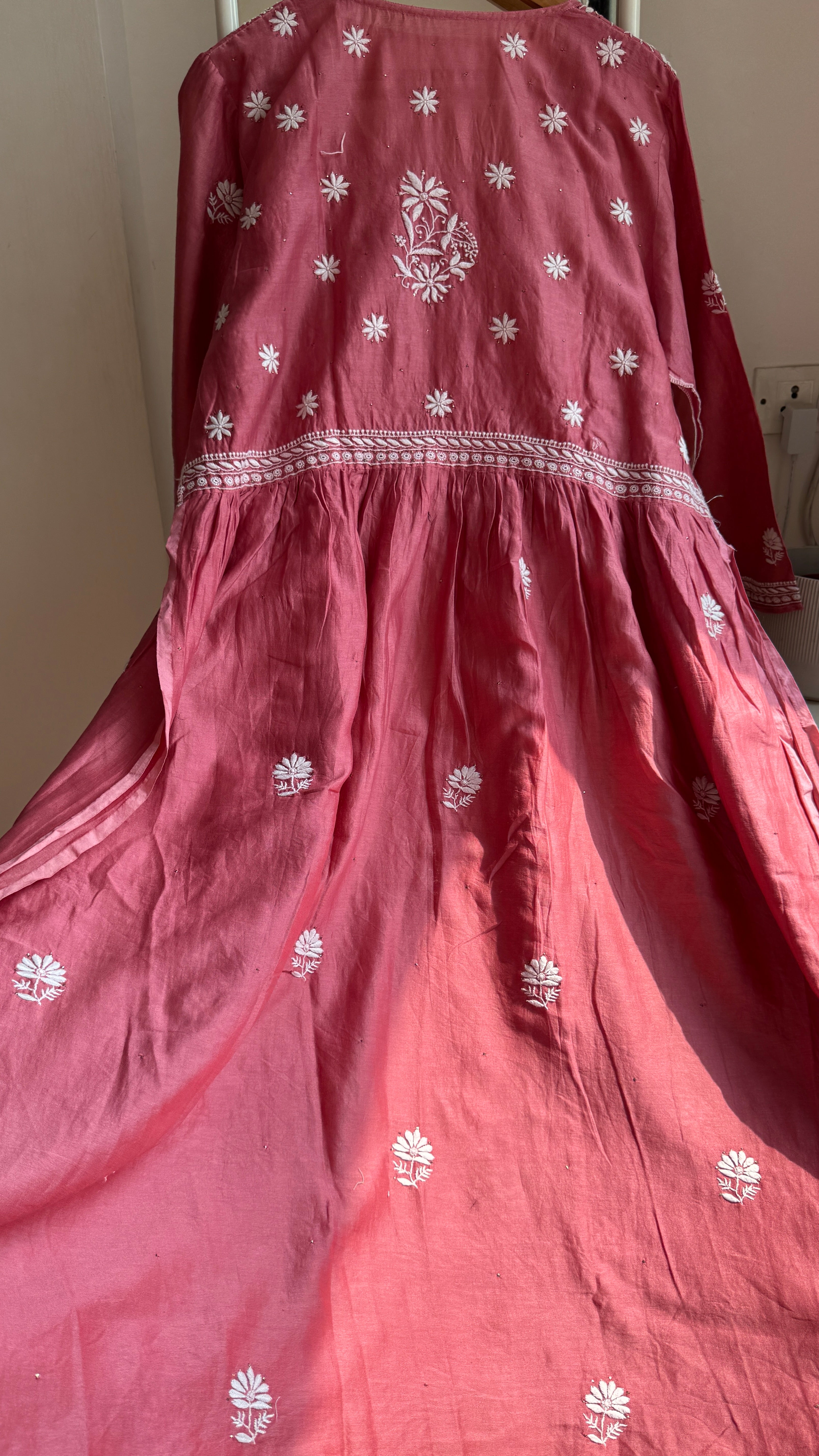 Pure Chanderi Chikankari Anarkali - Rosewood