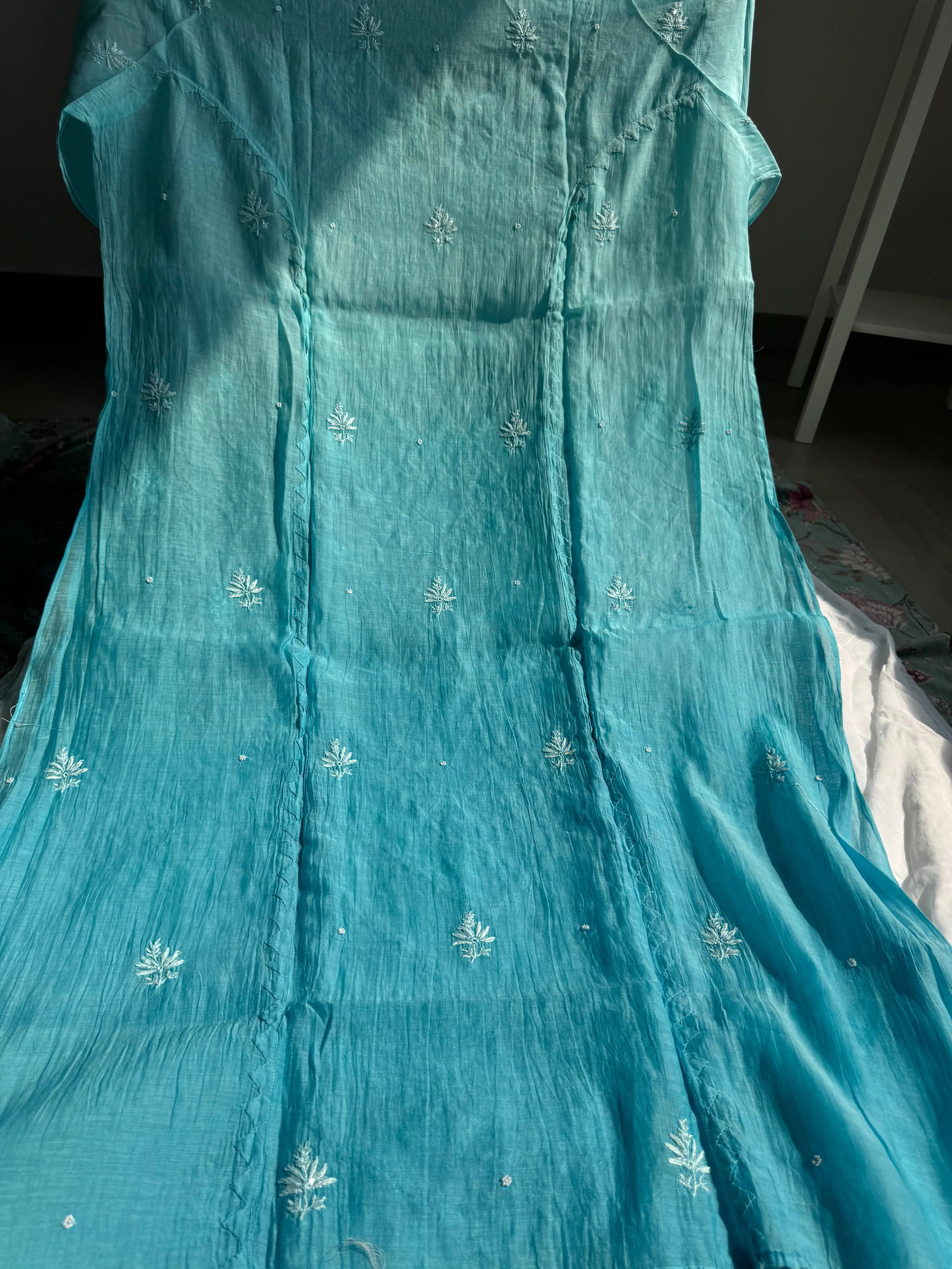 Mul Chanderi Chikankari Anarkali - Blue Ombre ARIAA CHIKANKARI 