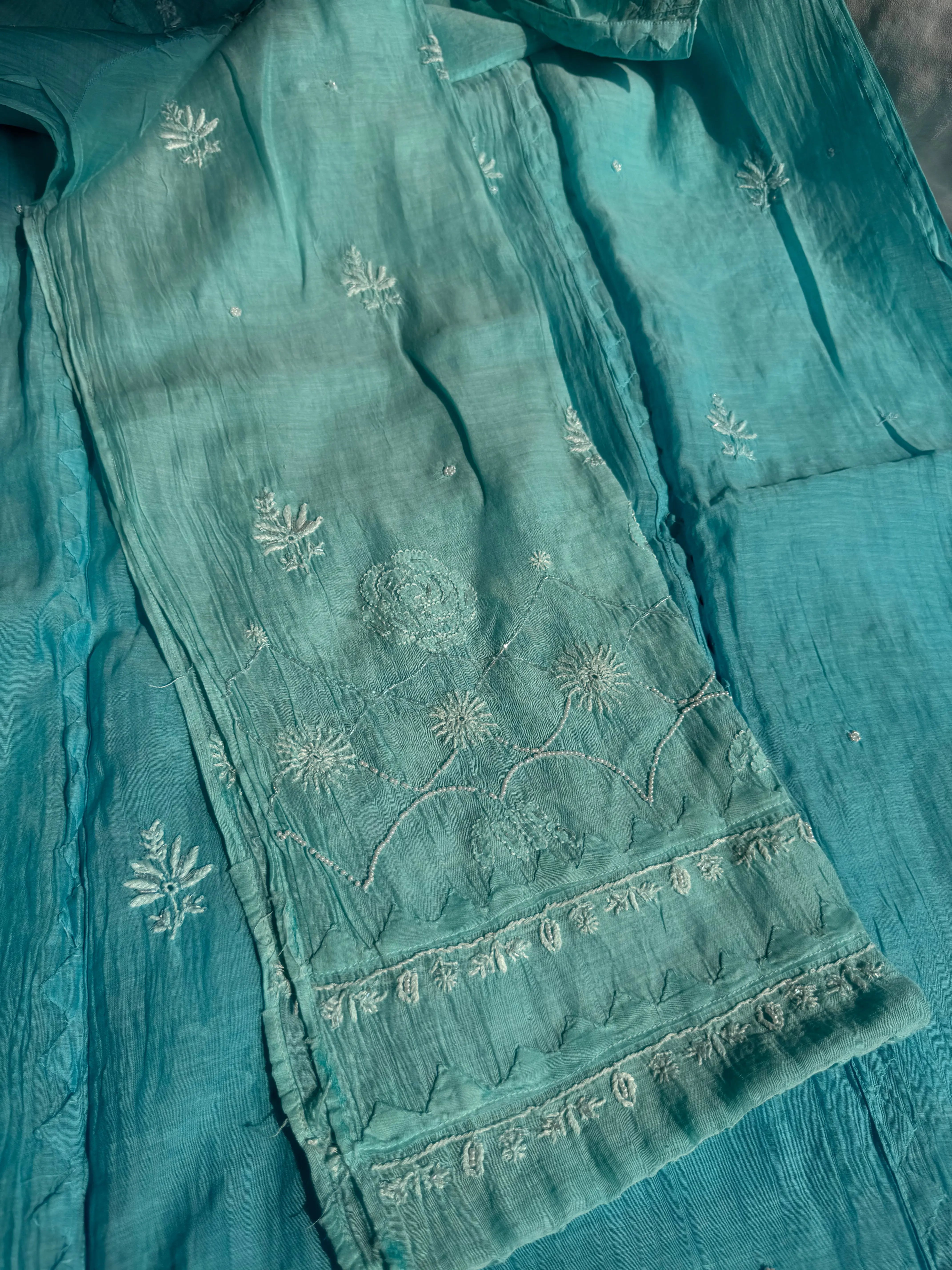 Mul Chanderi Chikankari Anarkali - Blue Ombre ARIAA CHIKANKARI 