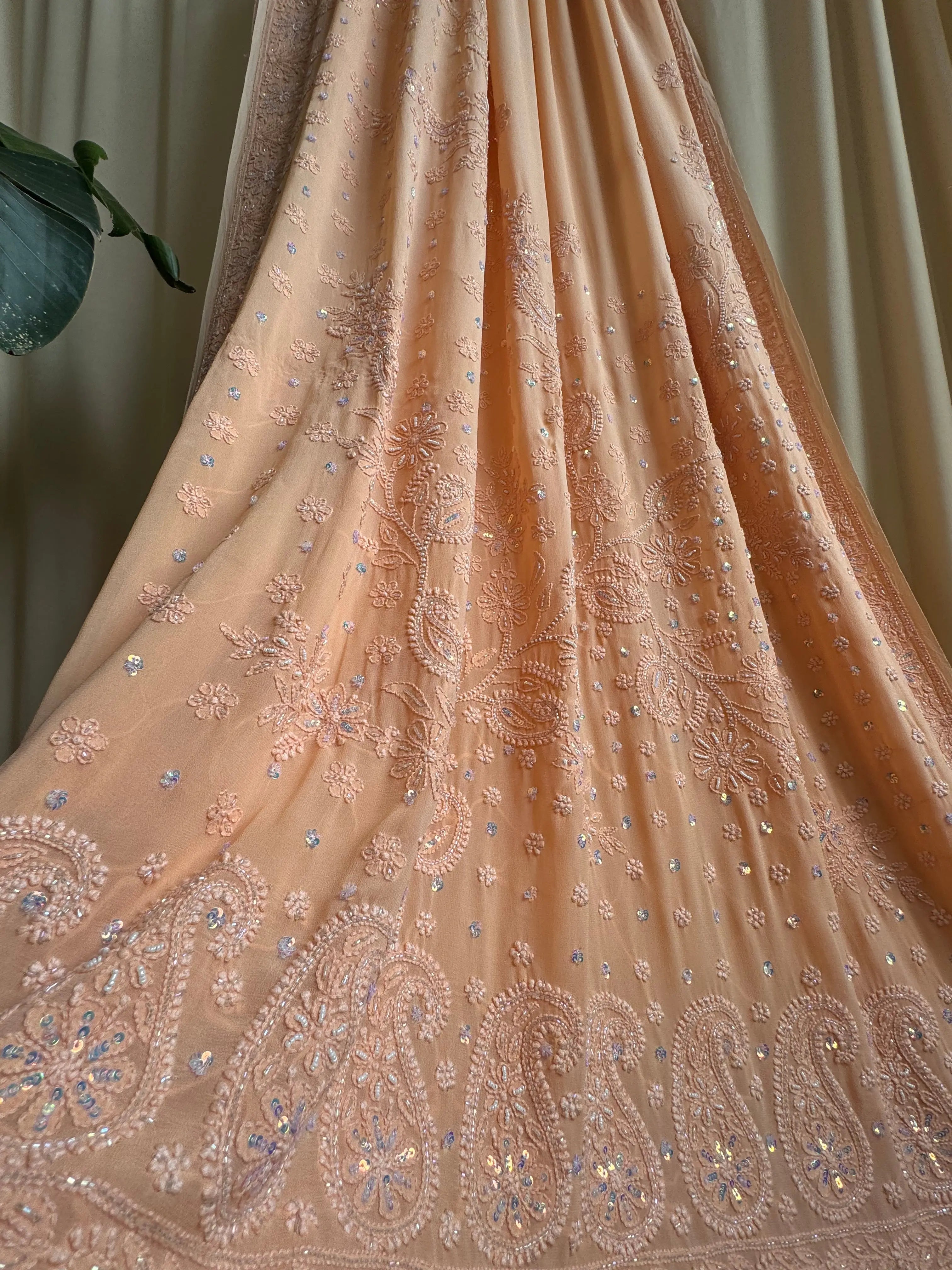 Viscose Peach Chikankari saree with Pearl embellishments ARIAA CHIKANKARI 