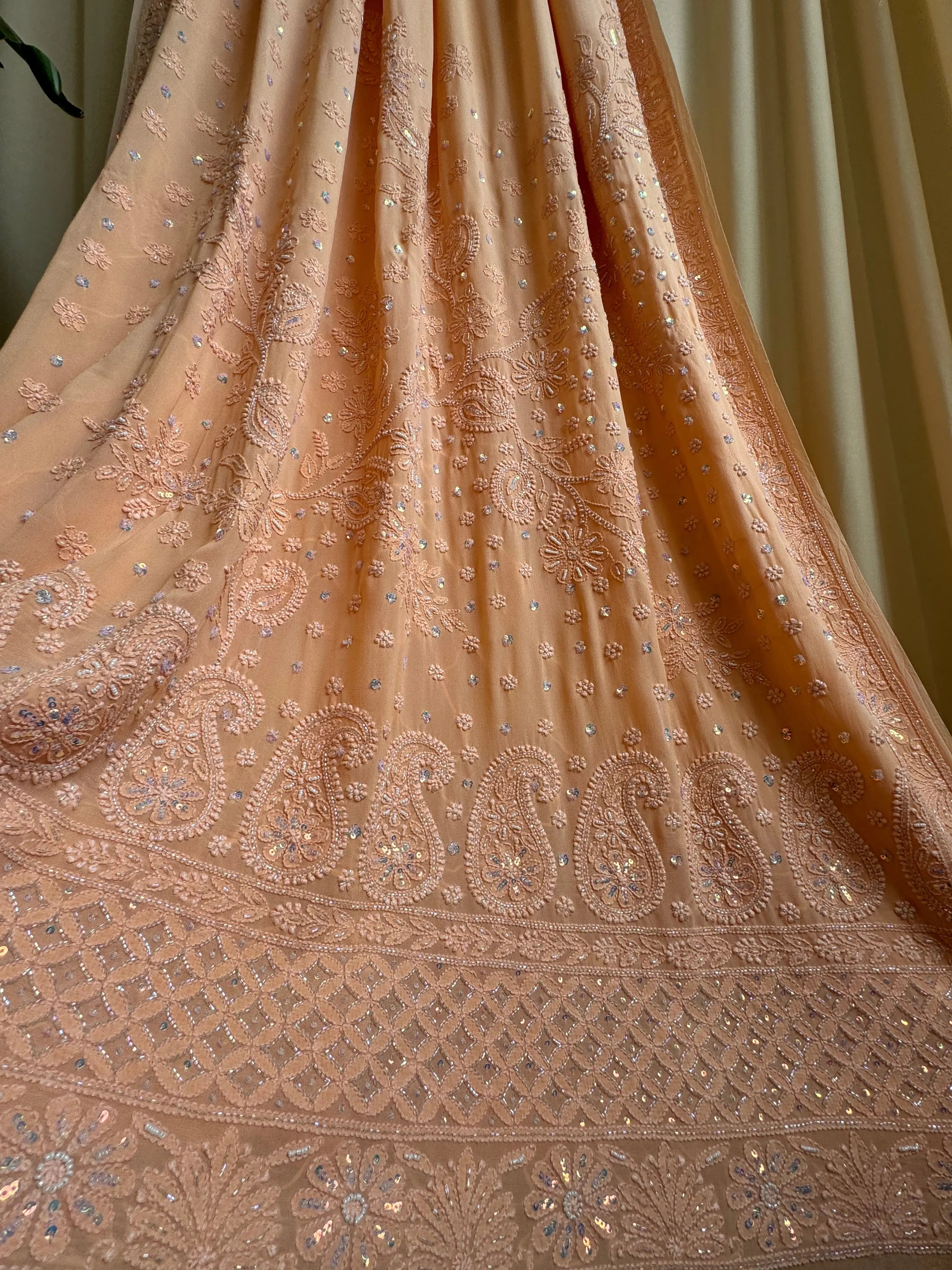 Viscose Peach Chikankari saree with Pearl embellishments ARIAA CHIKANKARI 