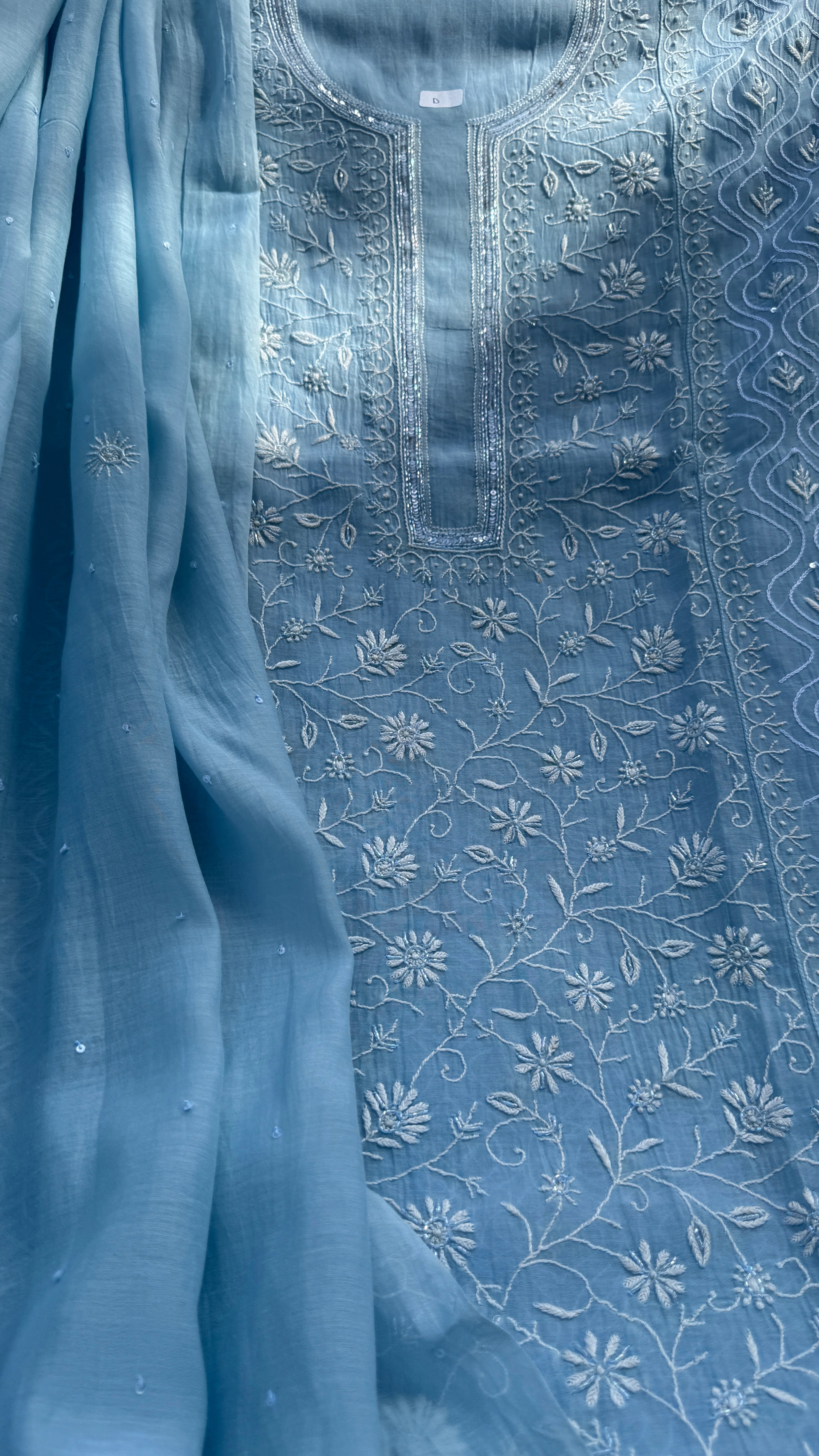Mul Chanderi Chikankari - Unstitched Set - Blue