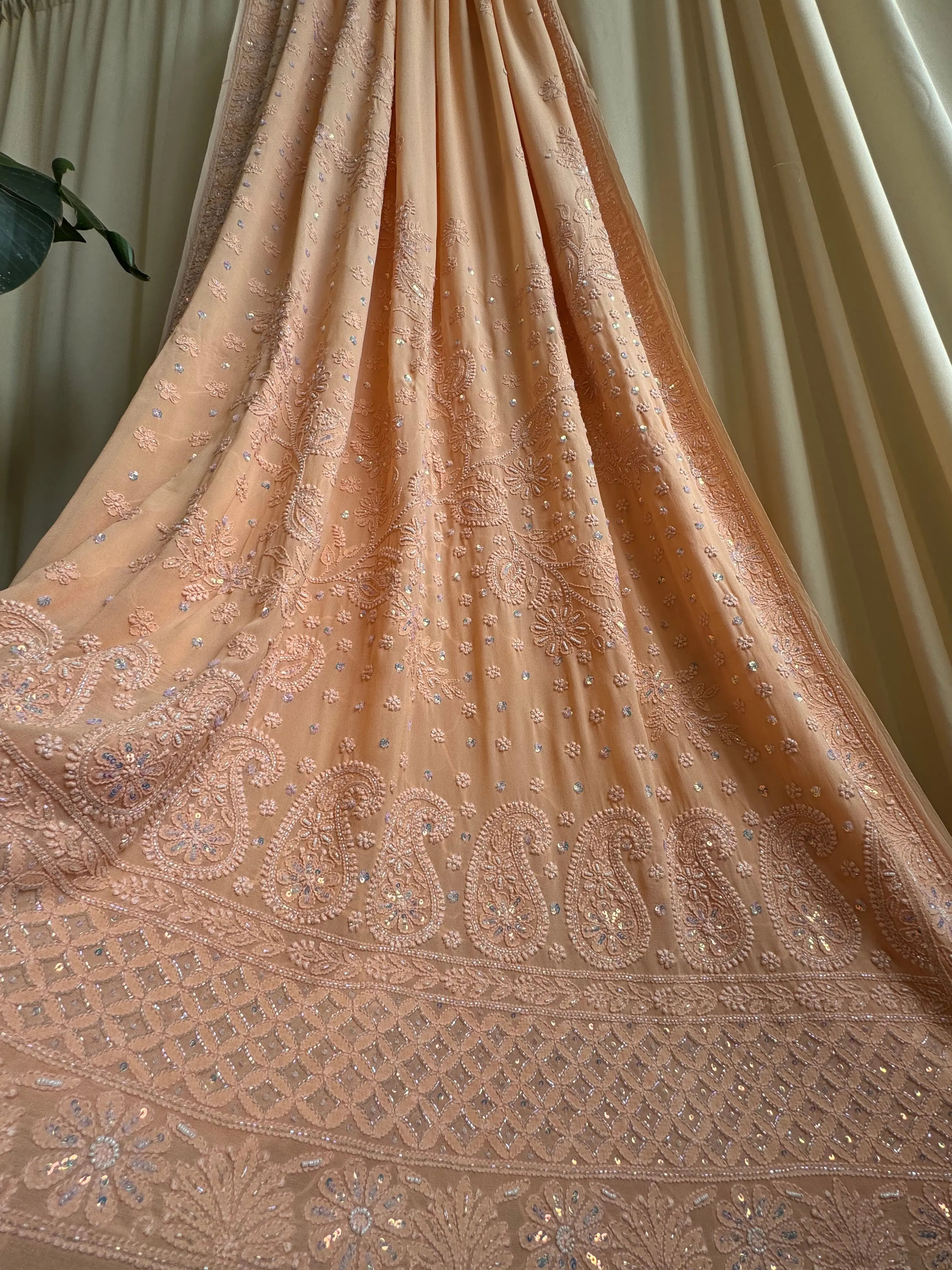 Viscose Peach Chikankari saree with Pearl embellishments ARIAA CHIKANKARI 