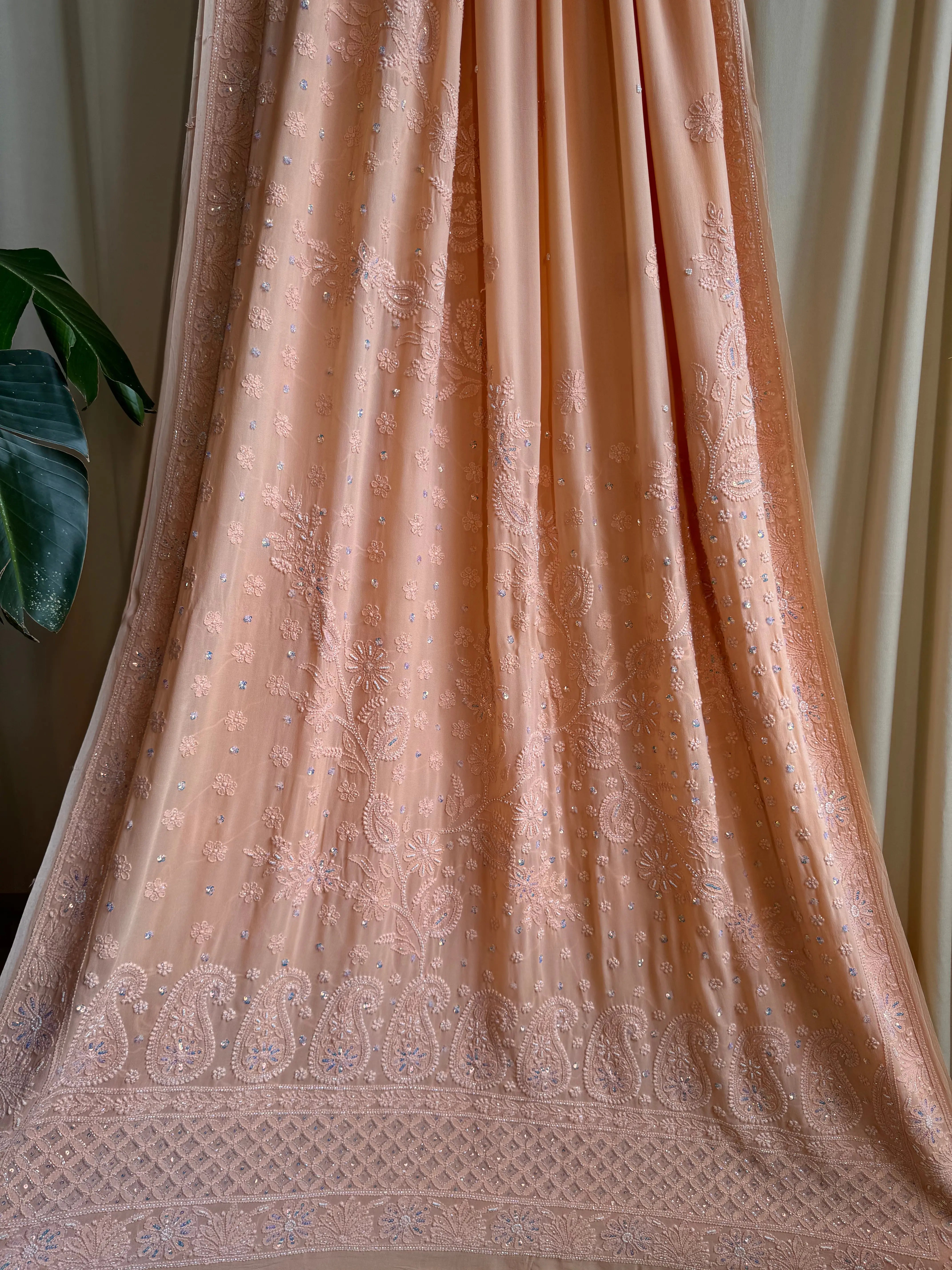 Viscose Peach Chikankari saree with Pearl embellishments ARIAA CHIKANKARI 