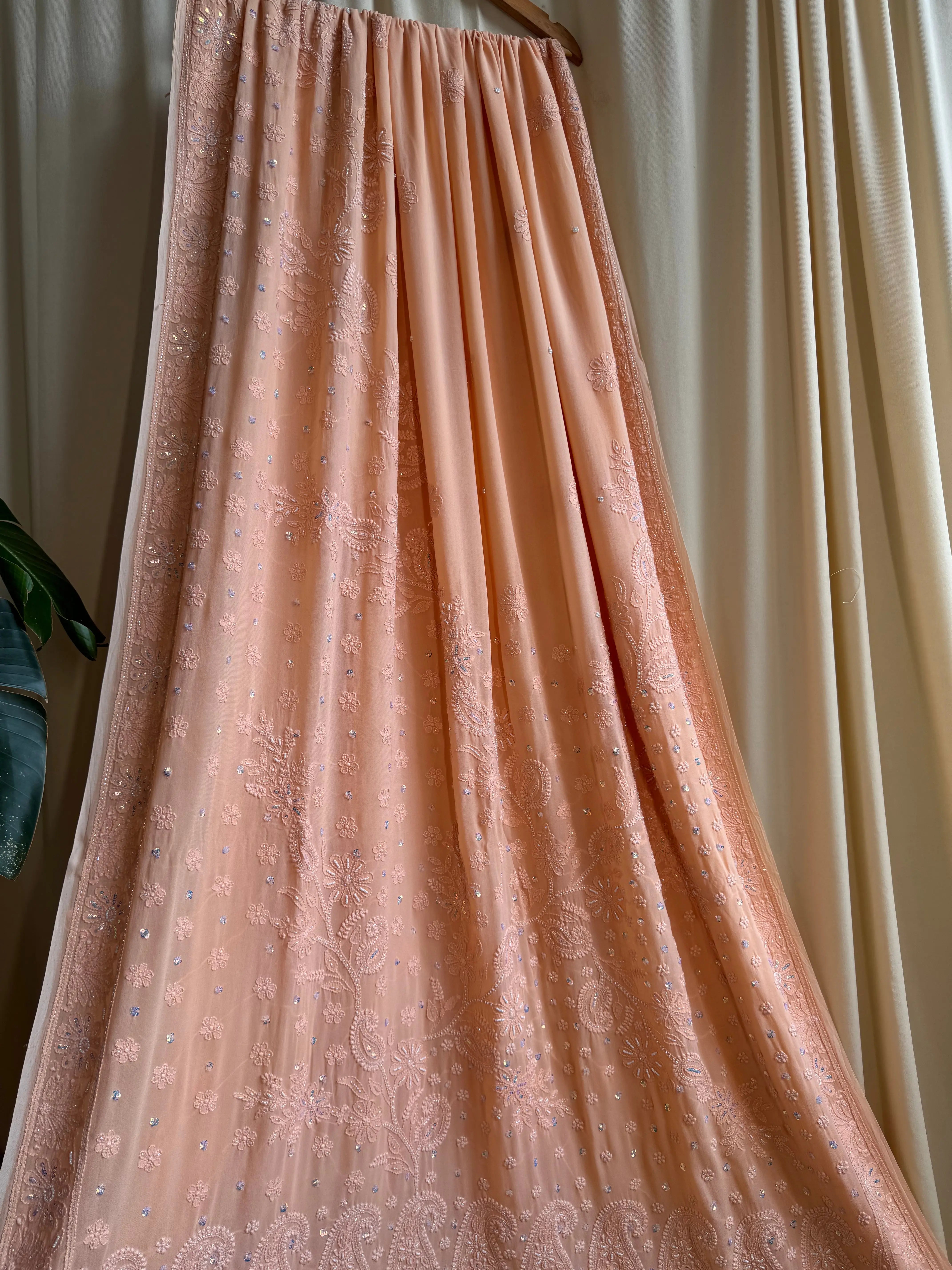 Viscose Peach Chikankari saree with Pearl embellishments ARIAA CHIKANKARI 