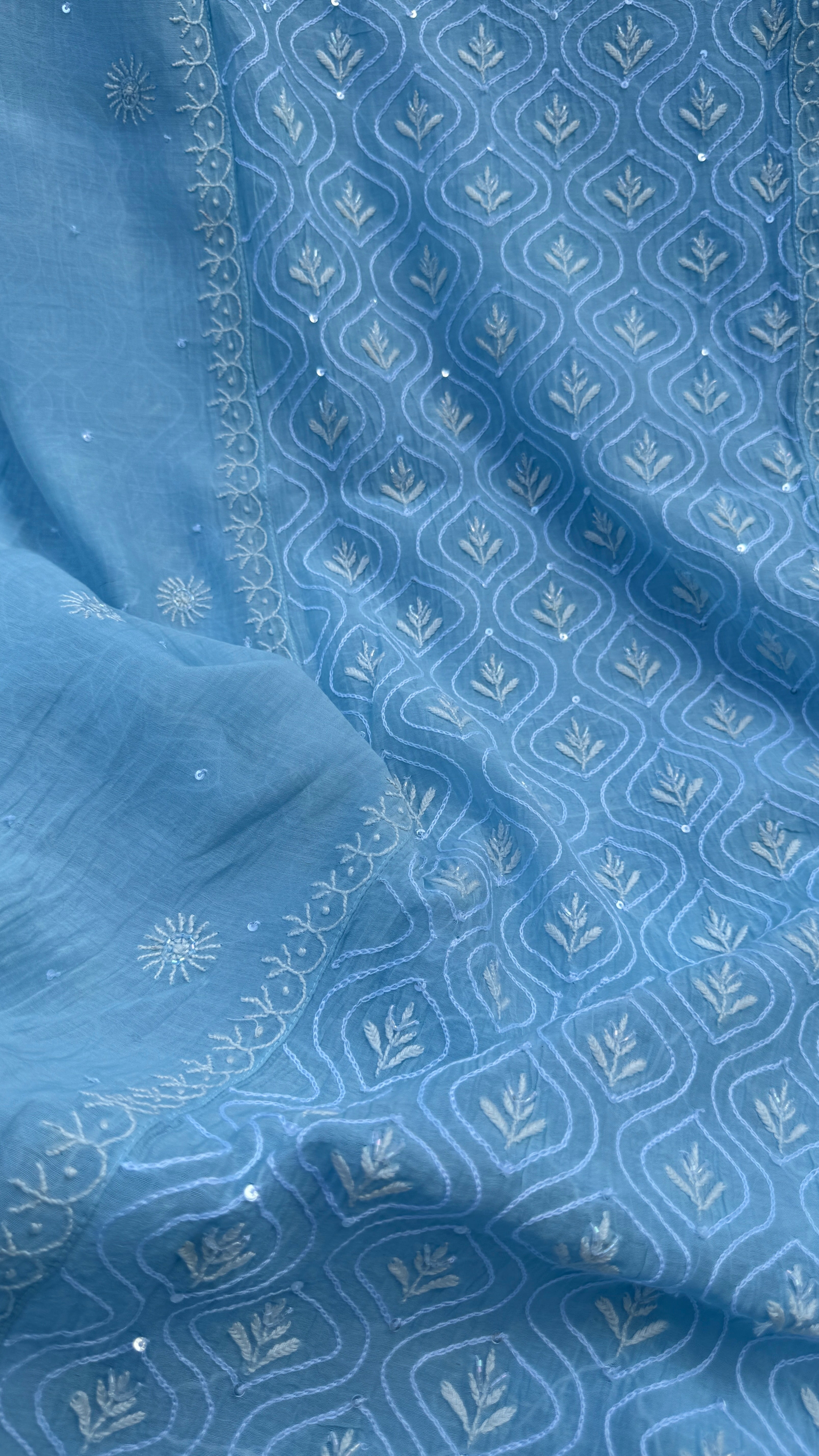 Mul Chanderi Chikankari - Unstitched Set - Blue