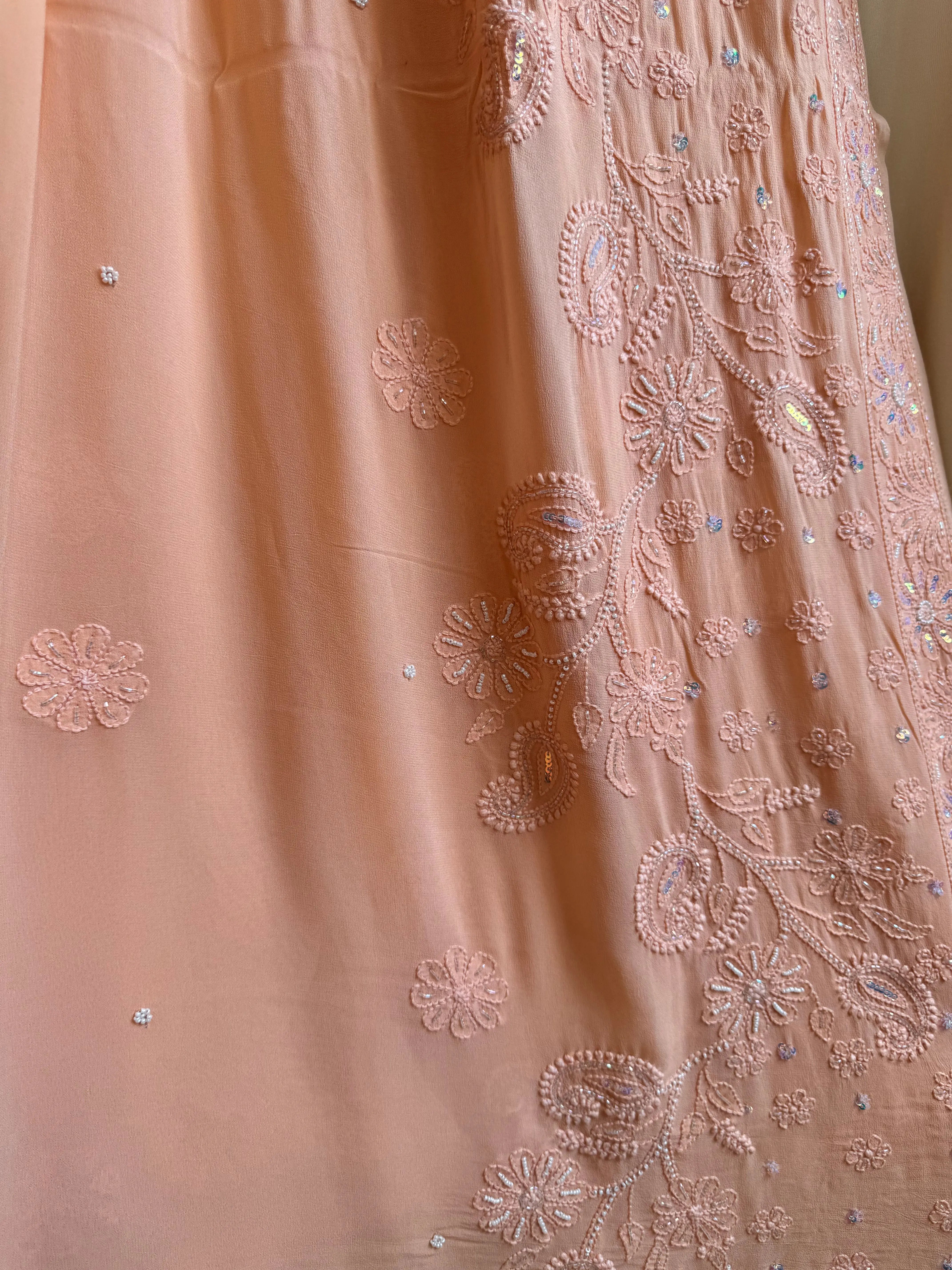 Viscose Peach Chikankari saree with Pearl embellishments ARIAA CHIKANKARI 