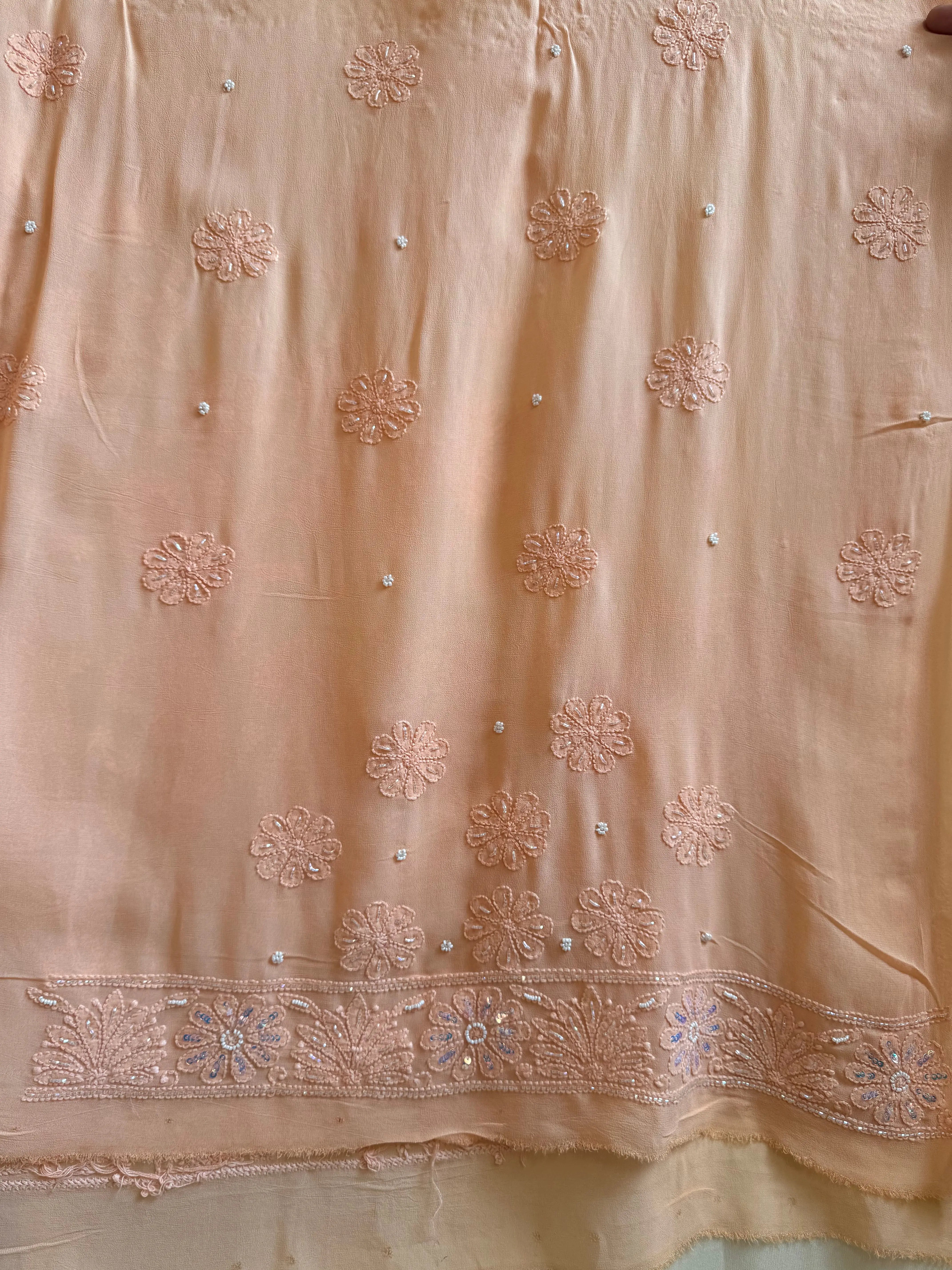 Viscose Peach Chikankari saree with Pearl embellishments ARIAA CHIKANKARI 