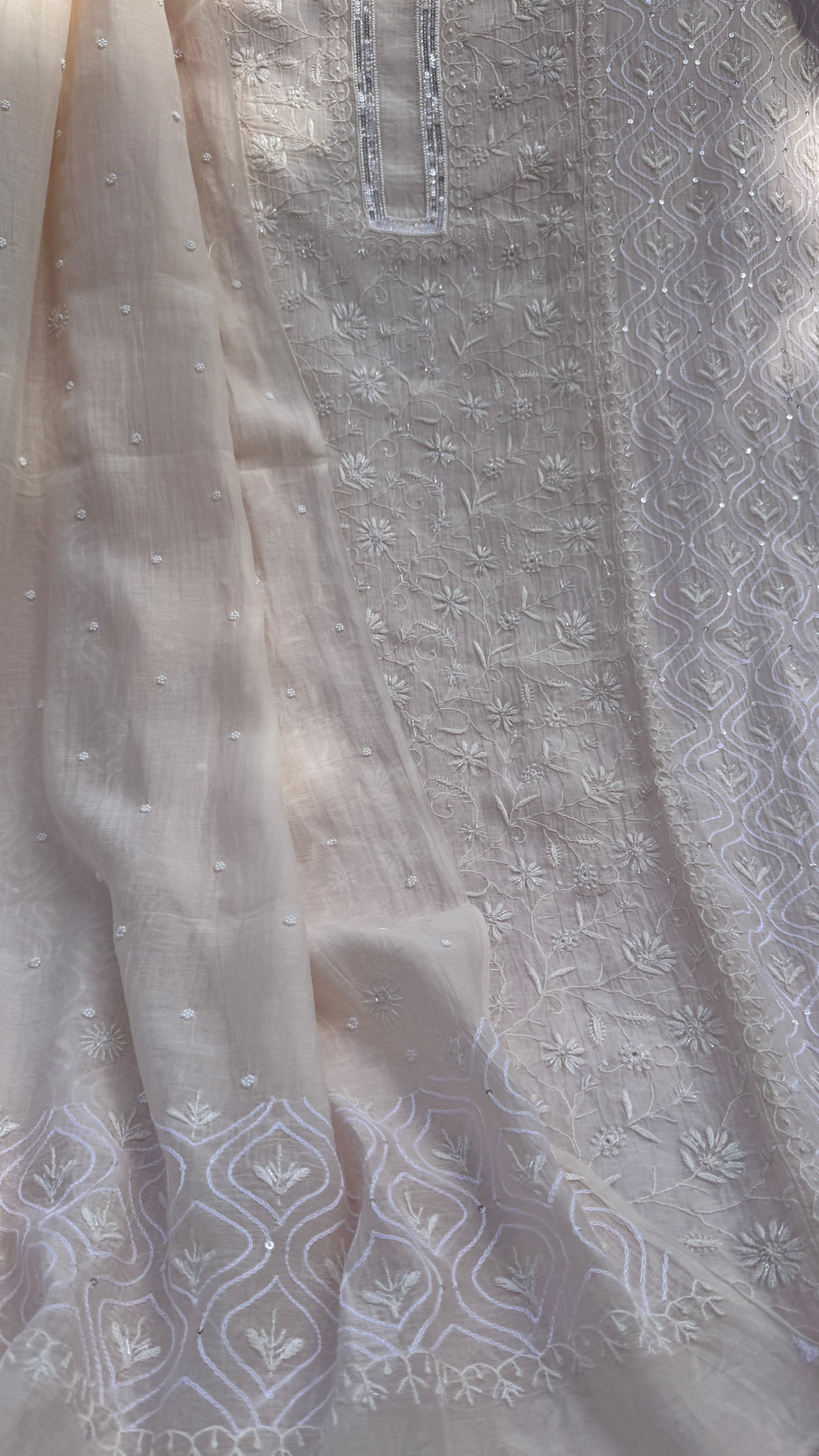 Mul Chanderi Chikankari - Unstitched Set - Pale cream Pink