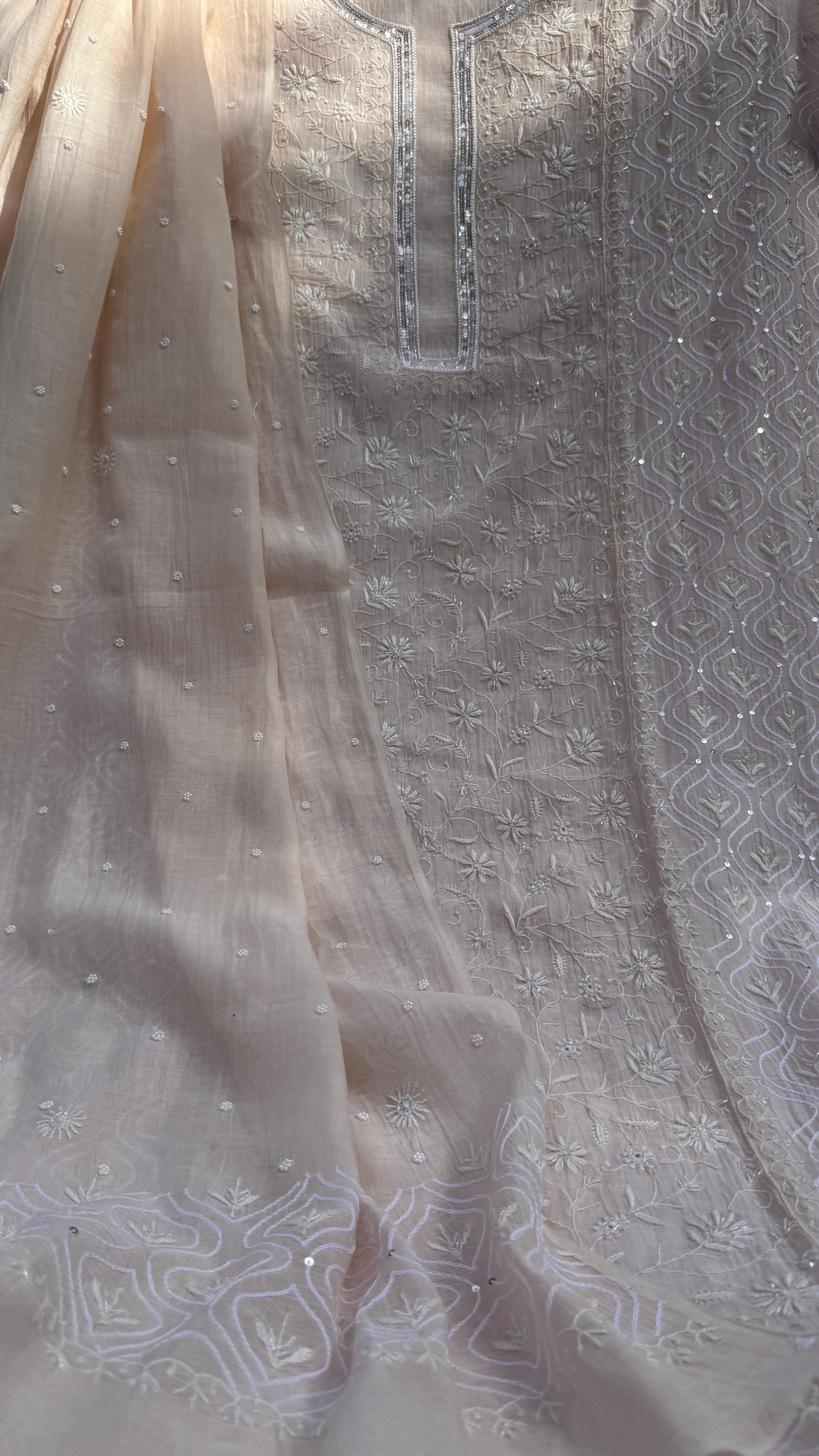 Mul Chanderi Chikankari - Unstitched Set - Pale cream Pink