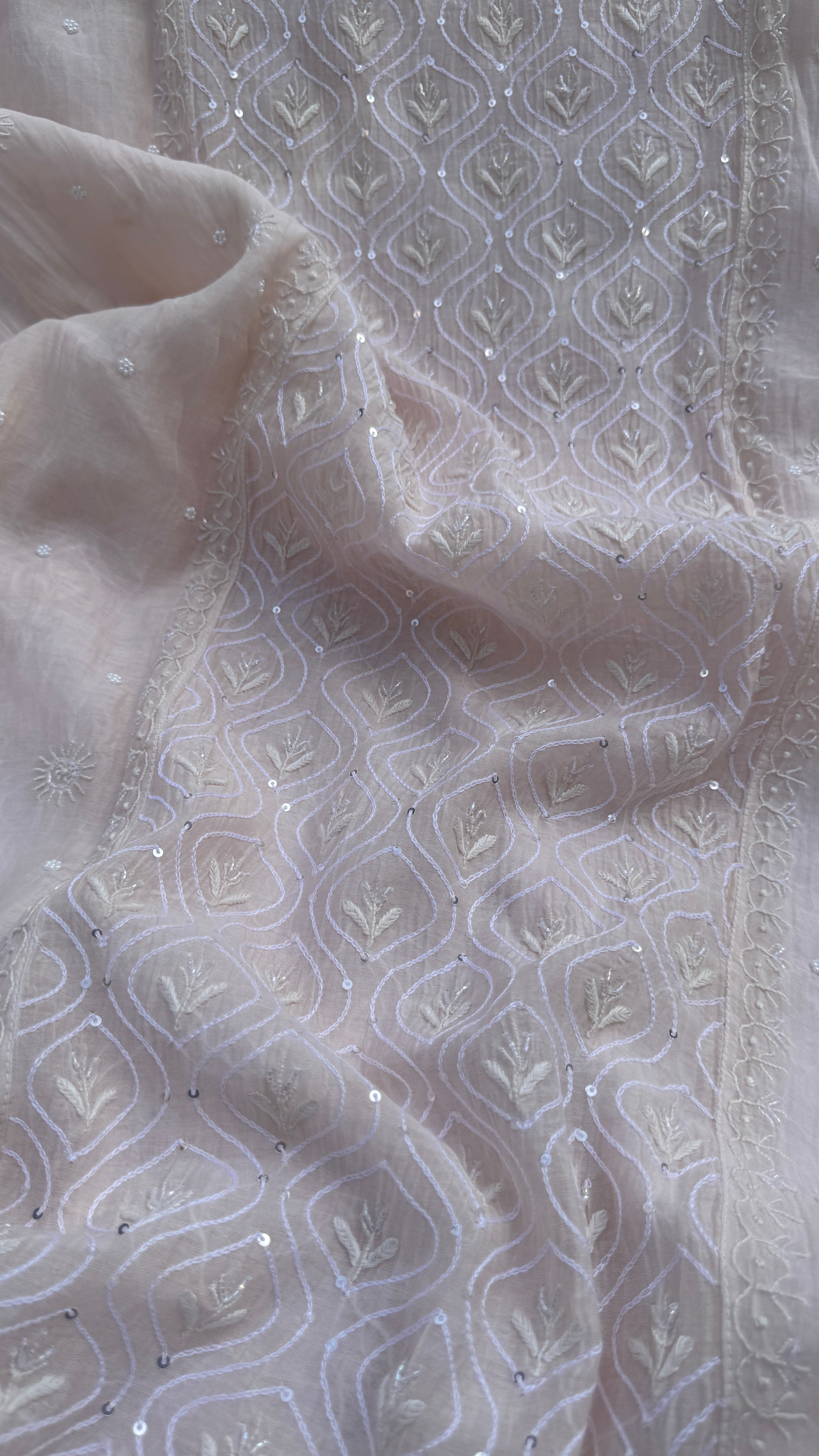 Mul Chanderi Chikankari - Unstitched Set - Pale cream Pink
