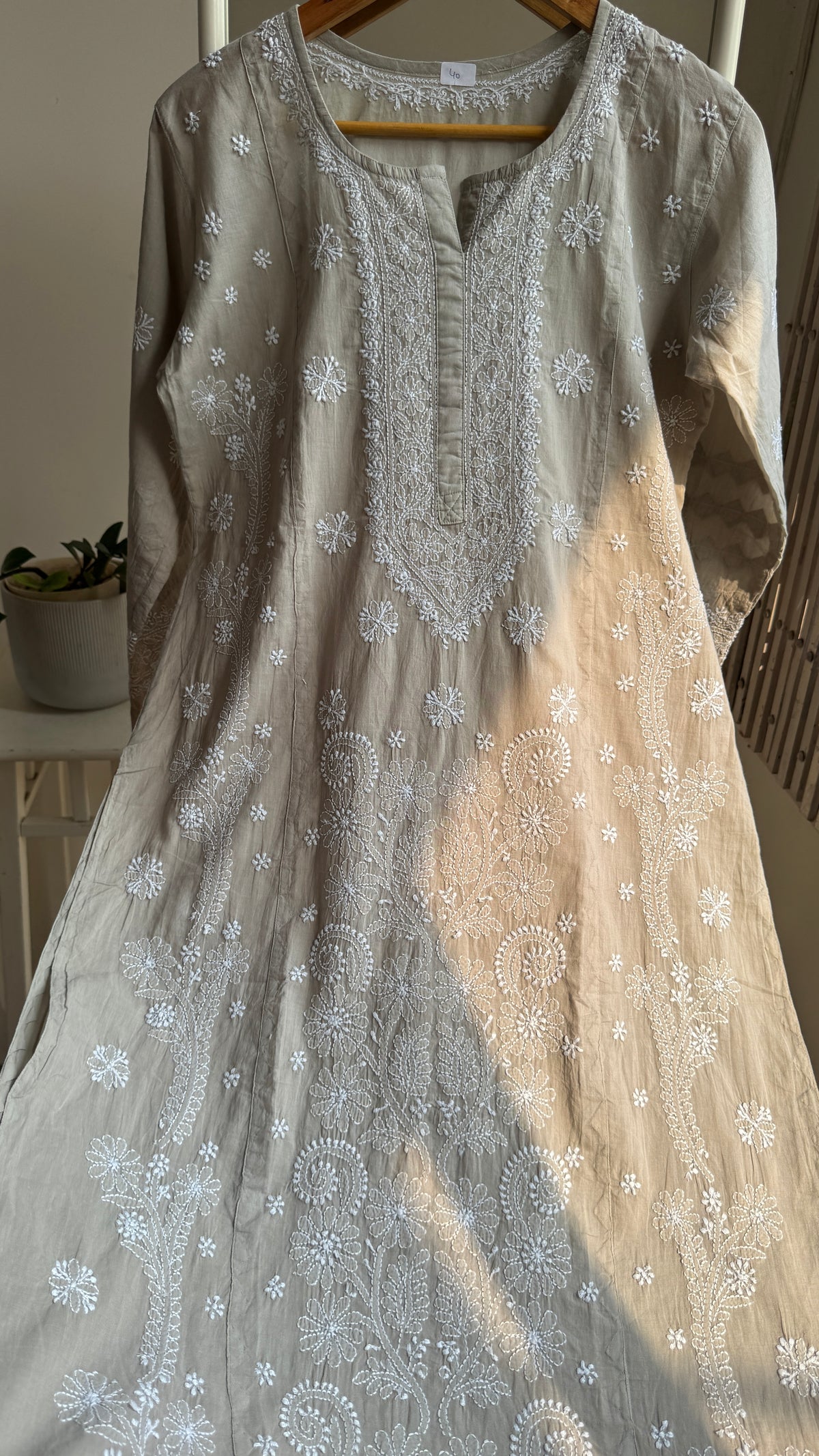 Mul Cotton Chikankari Kurti with white thread work - Sage Grey  - Fiza Collection