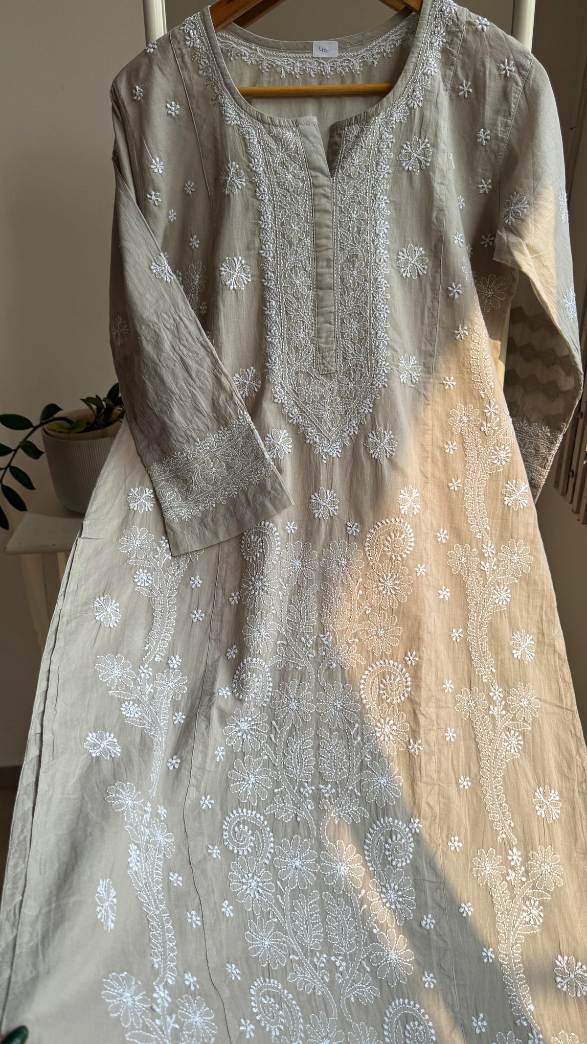 Mul Cotton Chikankari Kurti with white thread work - Sage Grey  - Fiza Collection