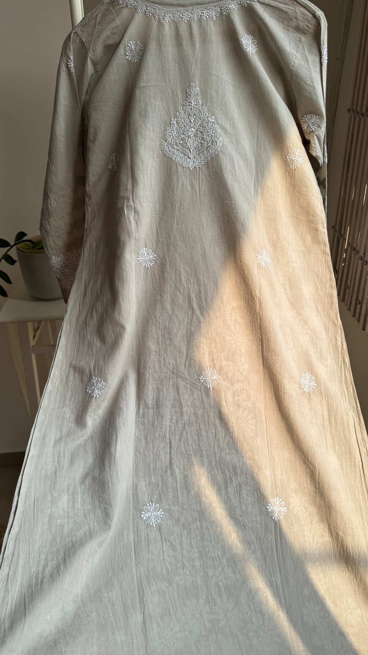Mul Cotton Chikankari Kurti with white thread work - Sage Grey  - Fiza Collection